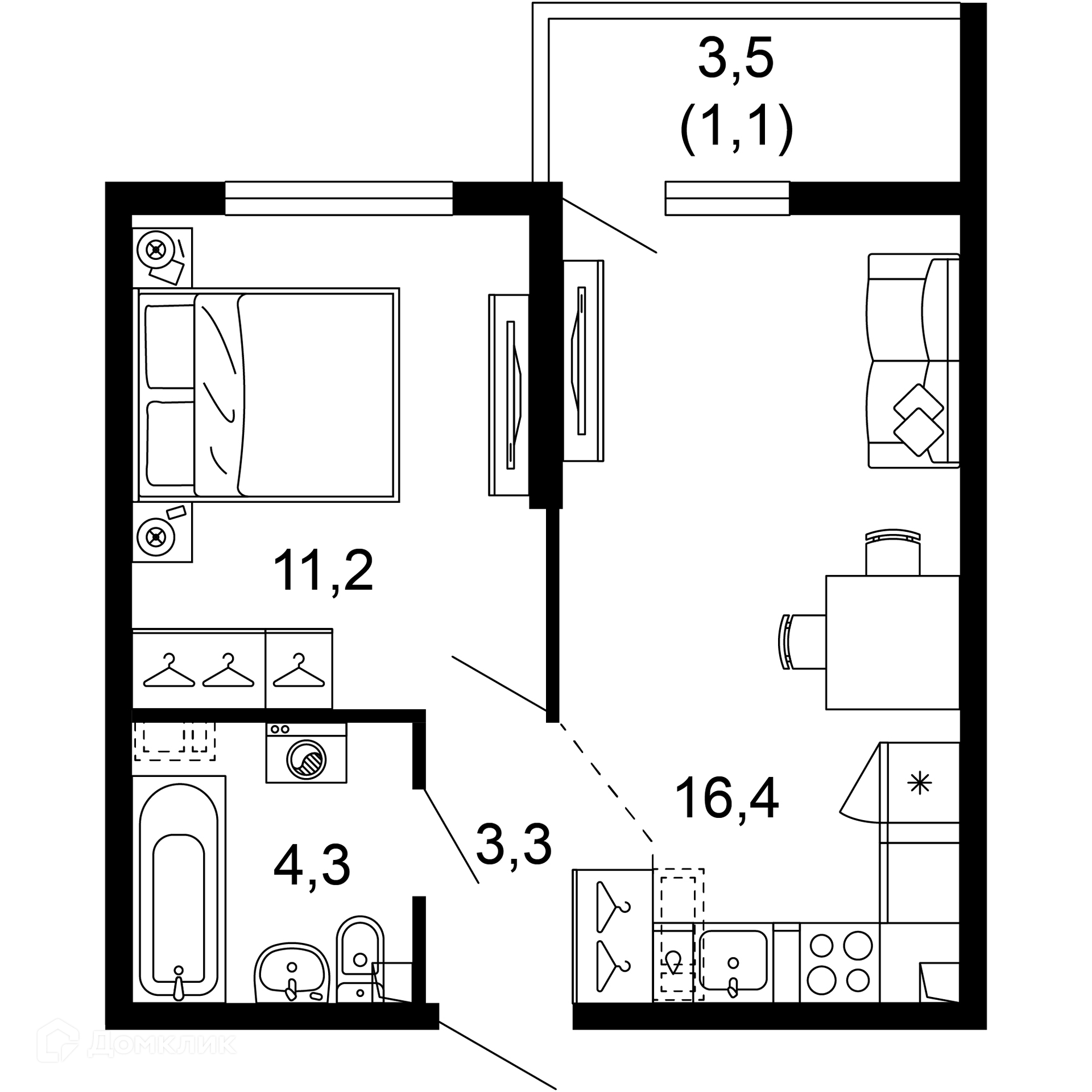 1-комнатная квартира, 36.30 м², 1/17 эт.