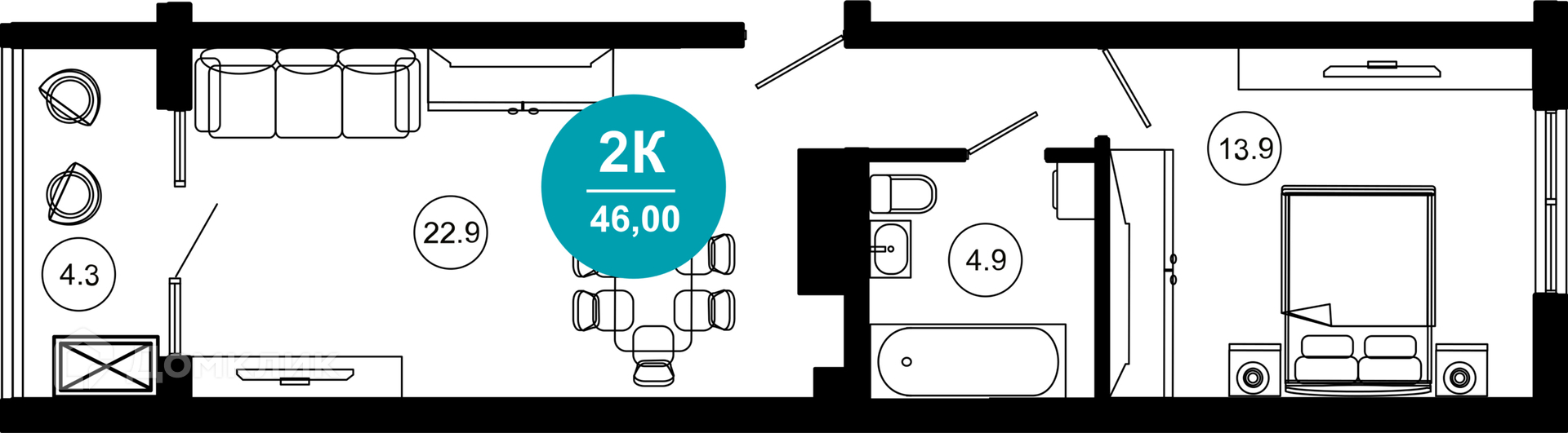 2-комнатная квартира, 46.00 м², 3/10 эт.