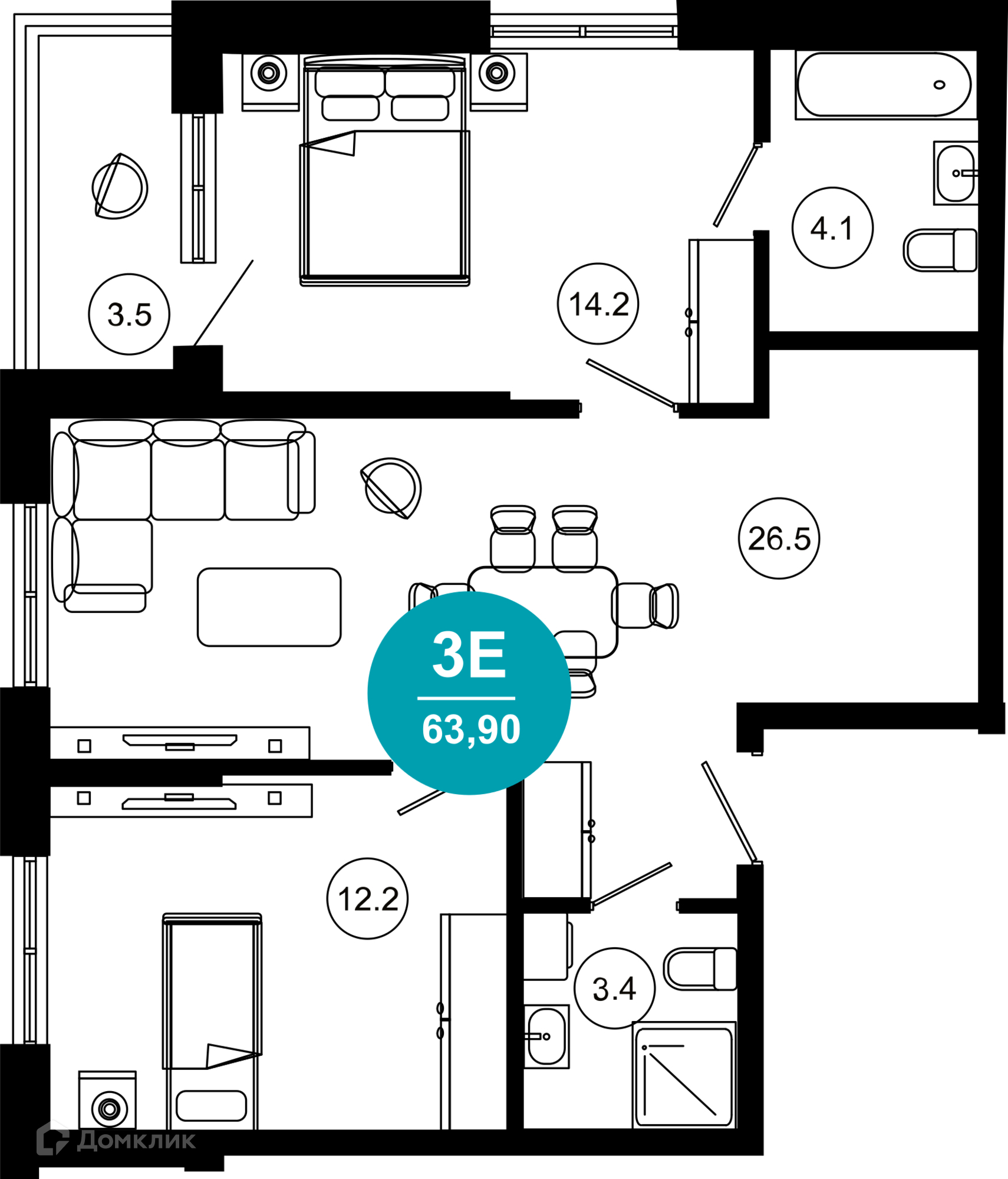 3-комнатная квартира, 63.90 м², 3/10 эт.