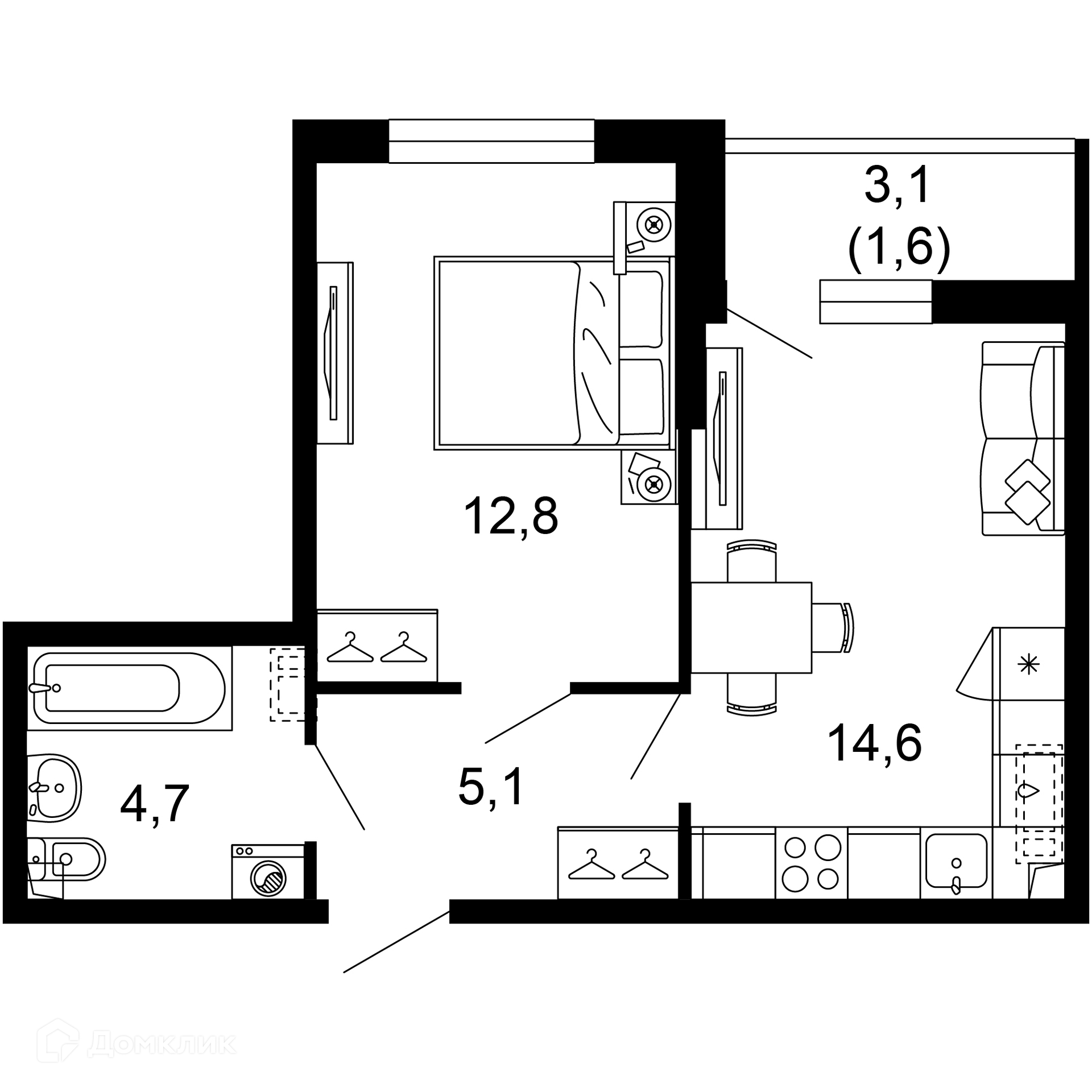 1-комнатная квартира, 38.80 м², 1/17 эт.