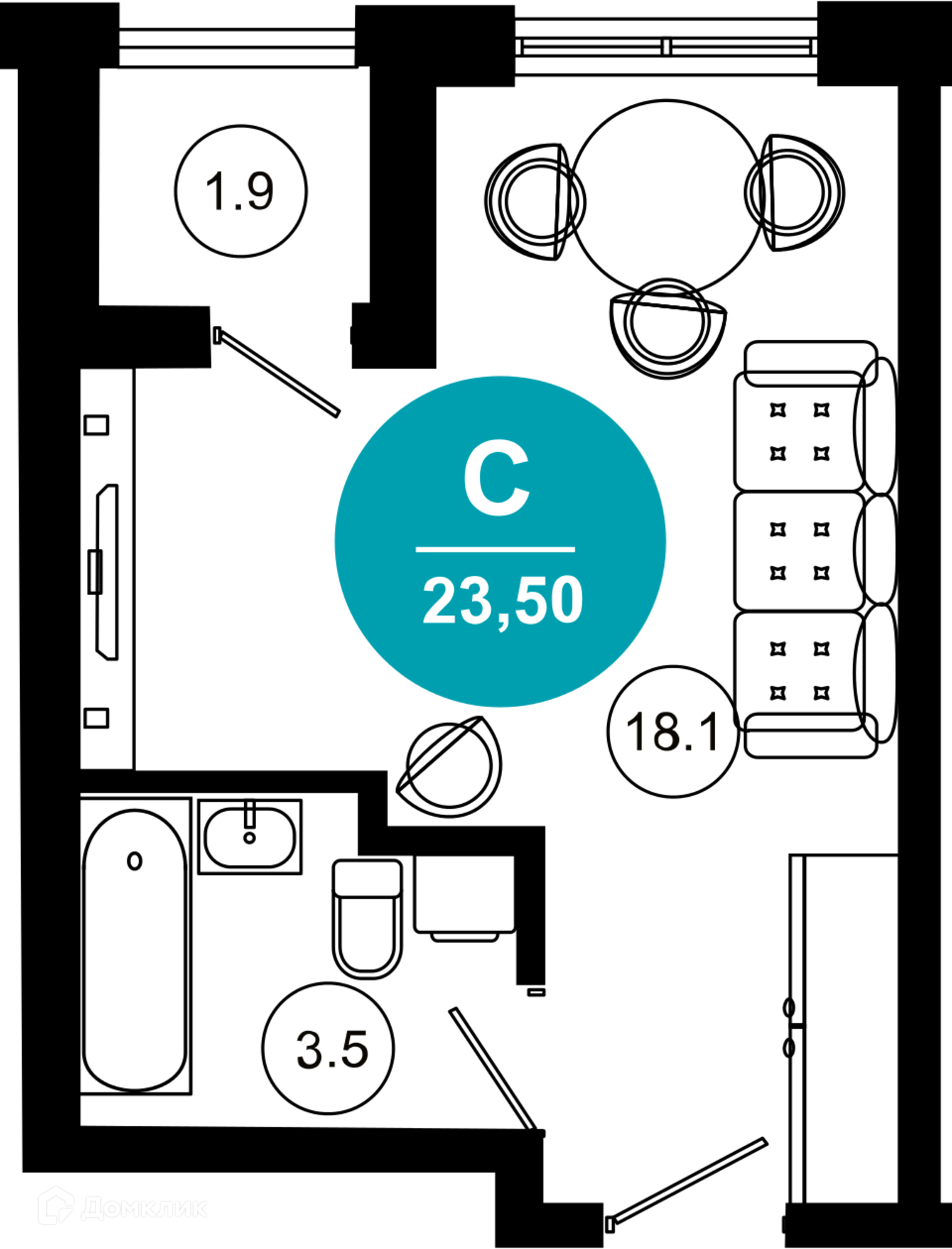 1-комнатная квартира, 23.50 м², 4/10 эт.