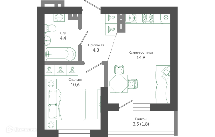 1-комнатная квартира, 36.20 м², 2/12 эт.