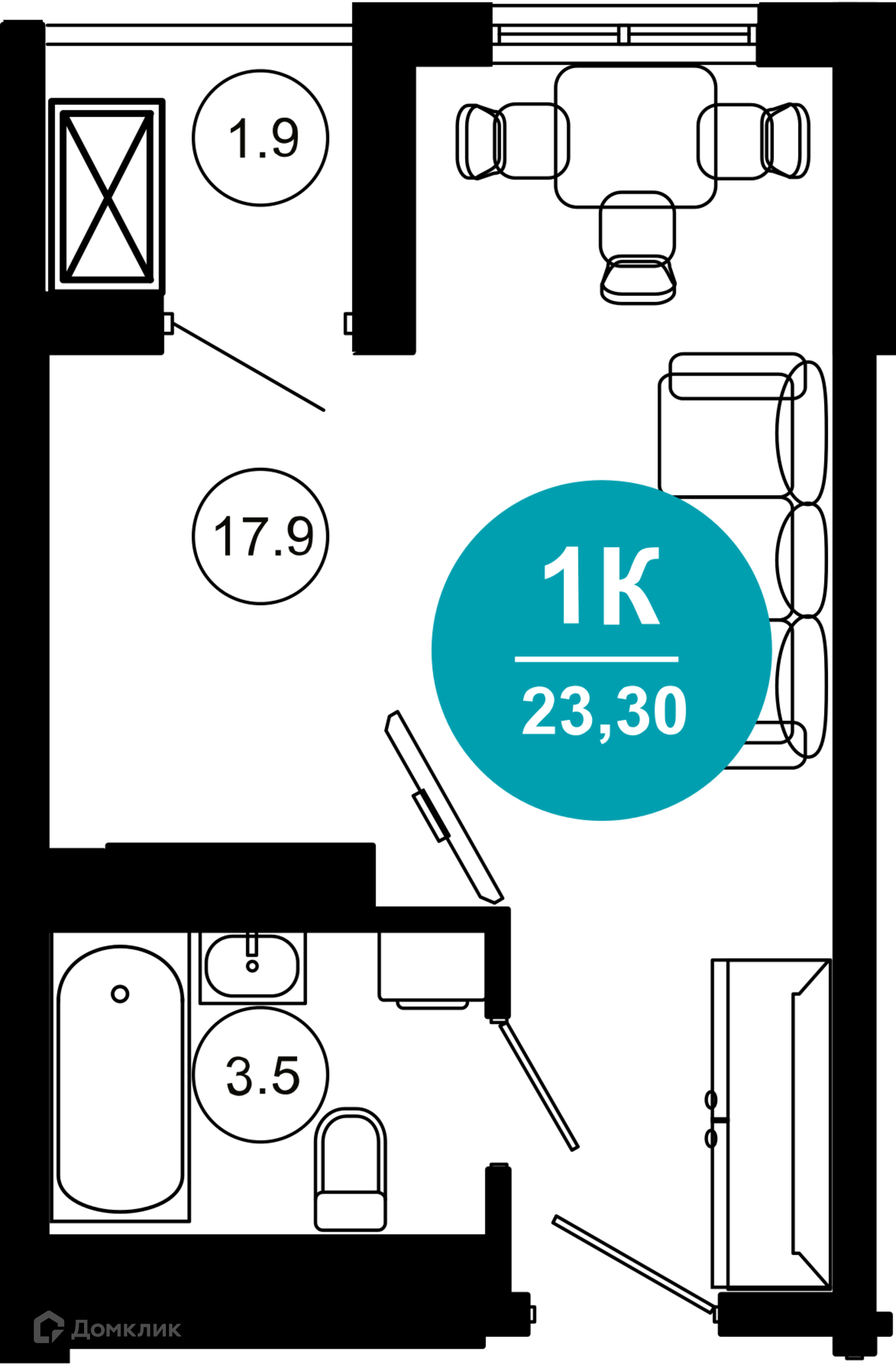 1-комнатная квартира, 23.30 м², 7/10 эт.