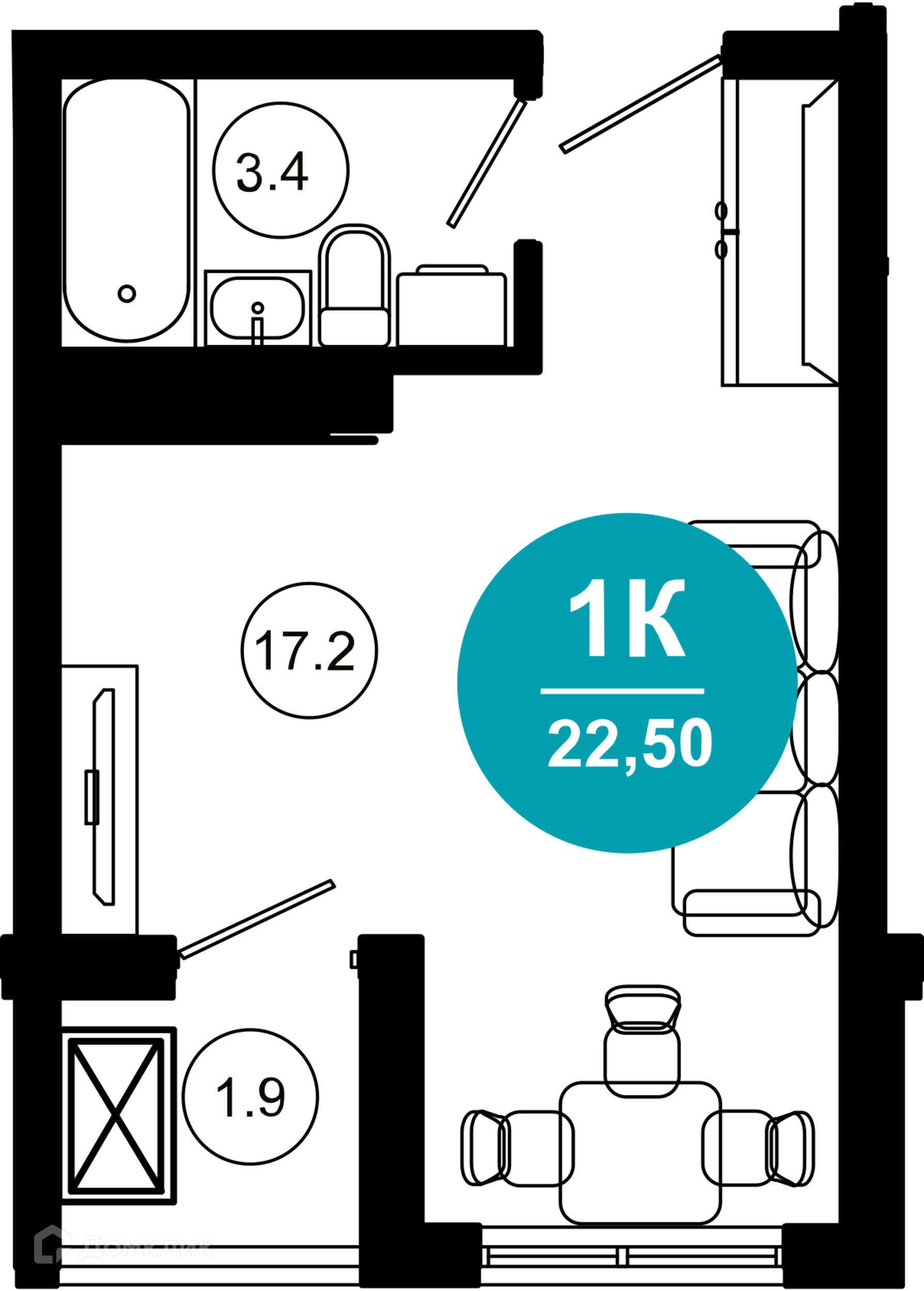 1-комнатная квартира, 22.50 м², 9/10 эт.