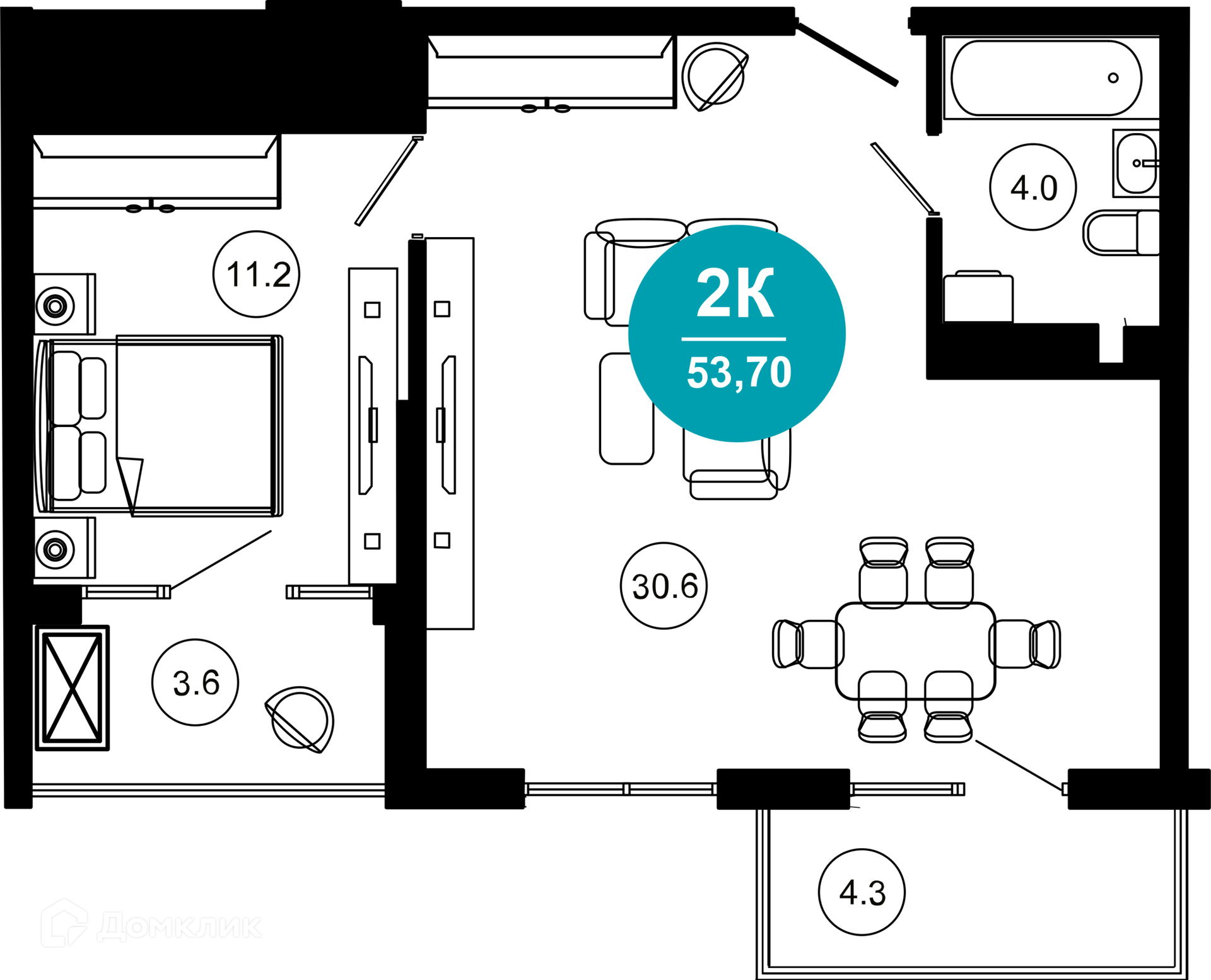 2-комн 53.80 м² - фото 1
