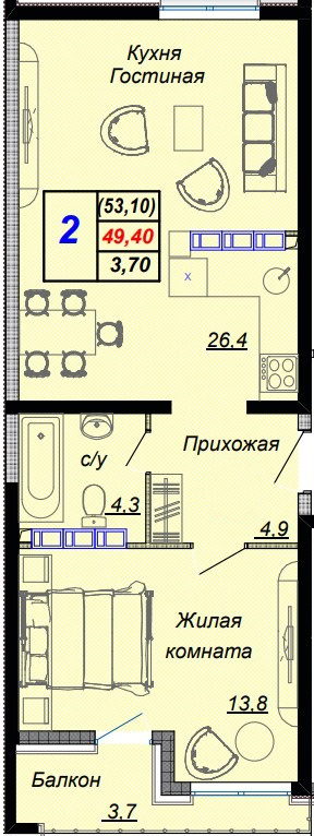 2-комн 53.10 м² - фото 1