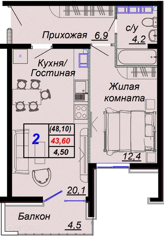 2-комн 48.10 м² - фото 1