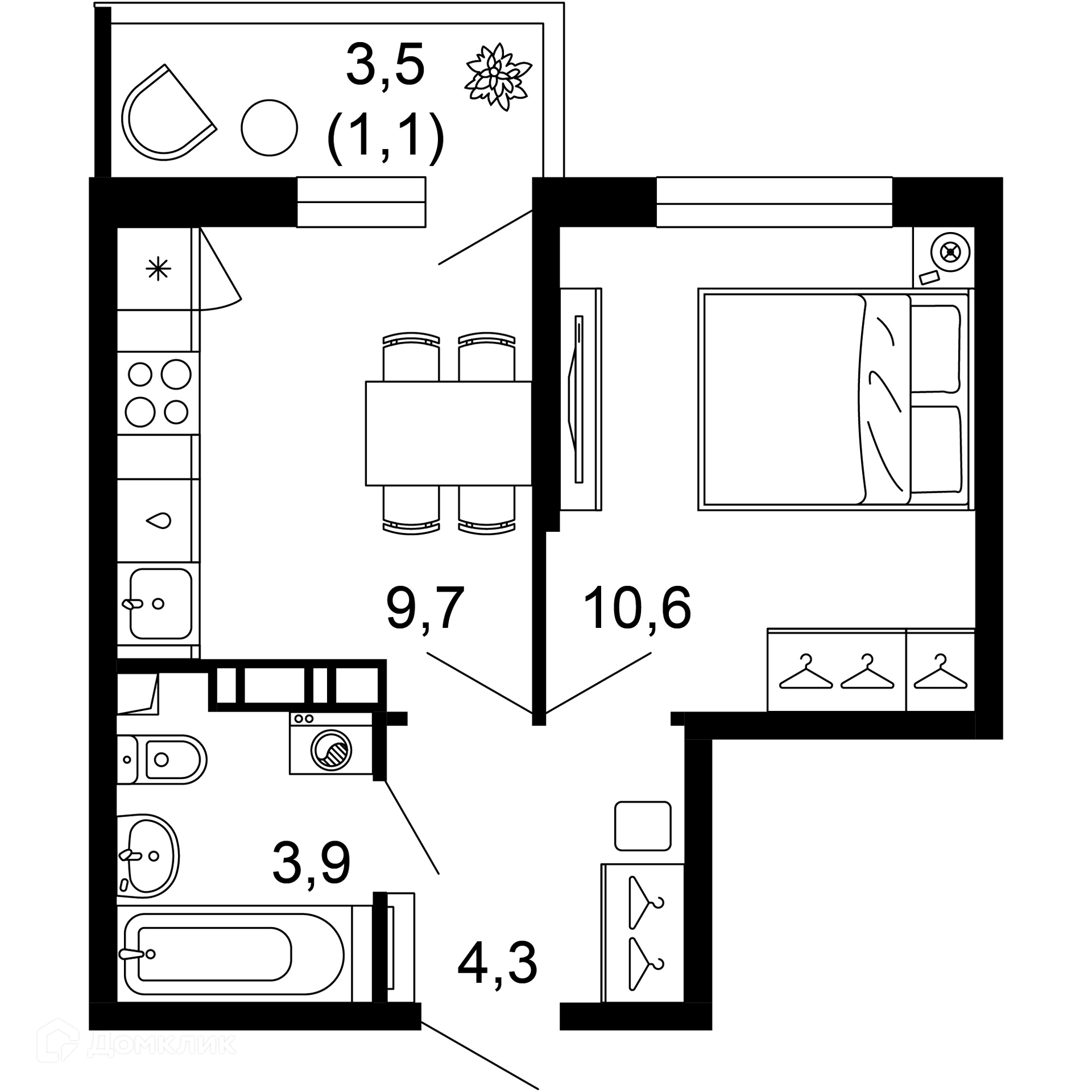 1-комн 29.60 м² - фото 1