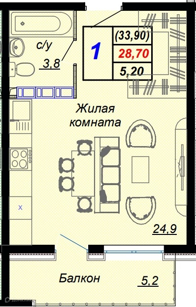 Студия, 33.90 м², 10/16 эт.