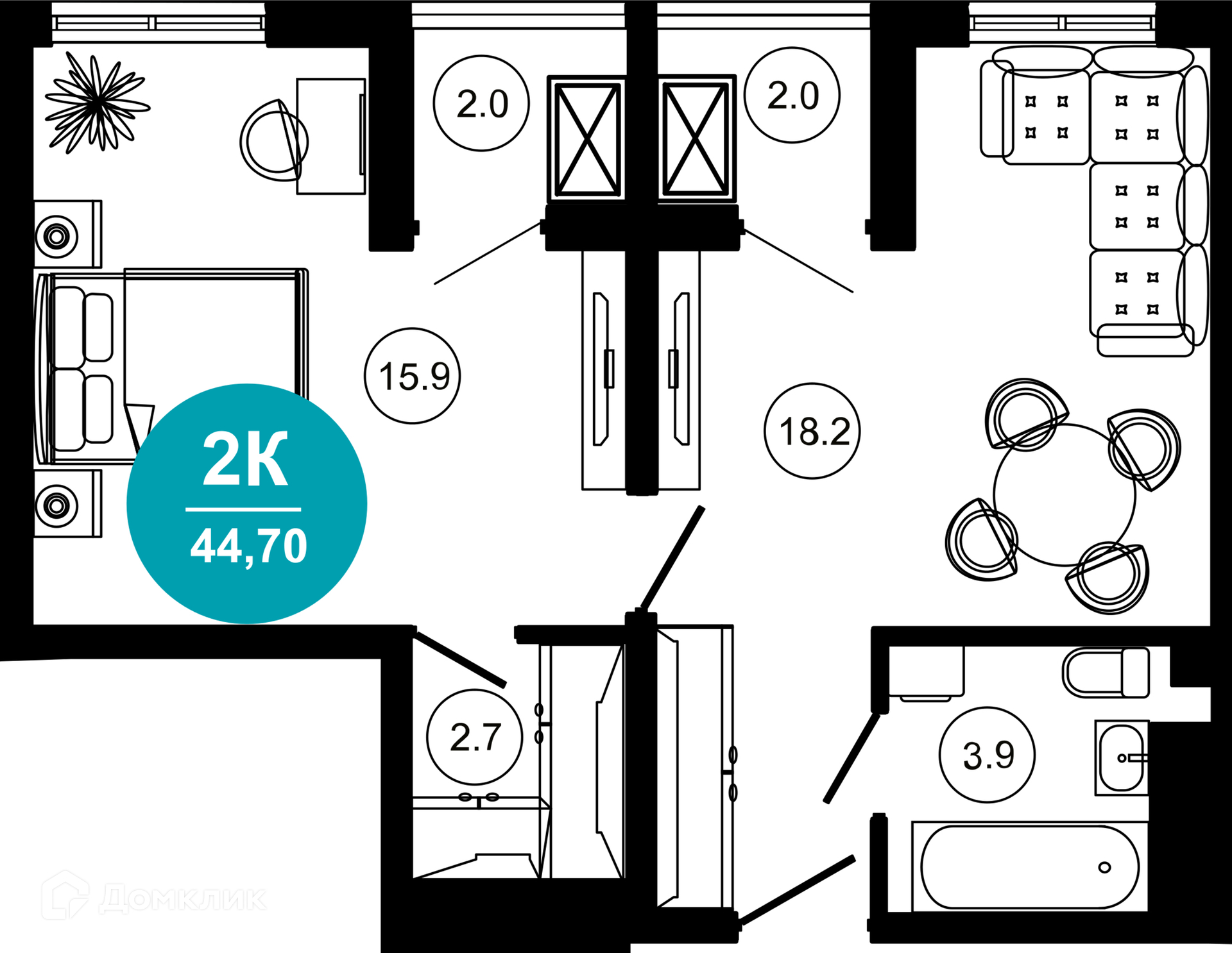 2-комнатная квартира, 44.70 м², 3/10 эт.