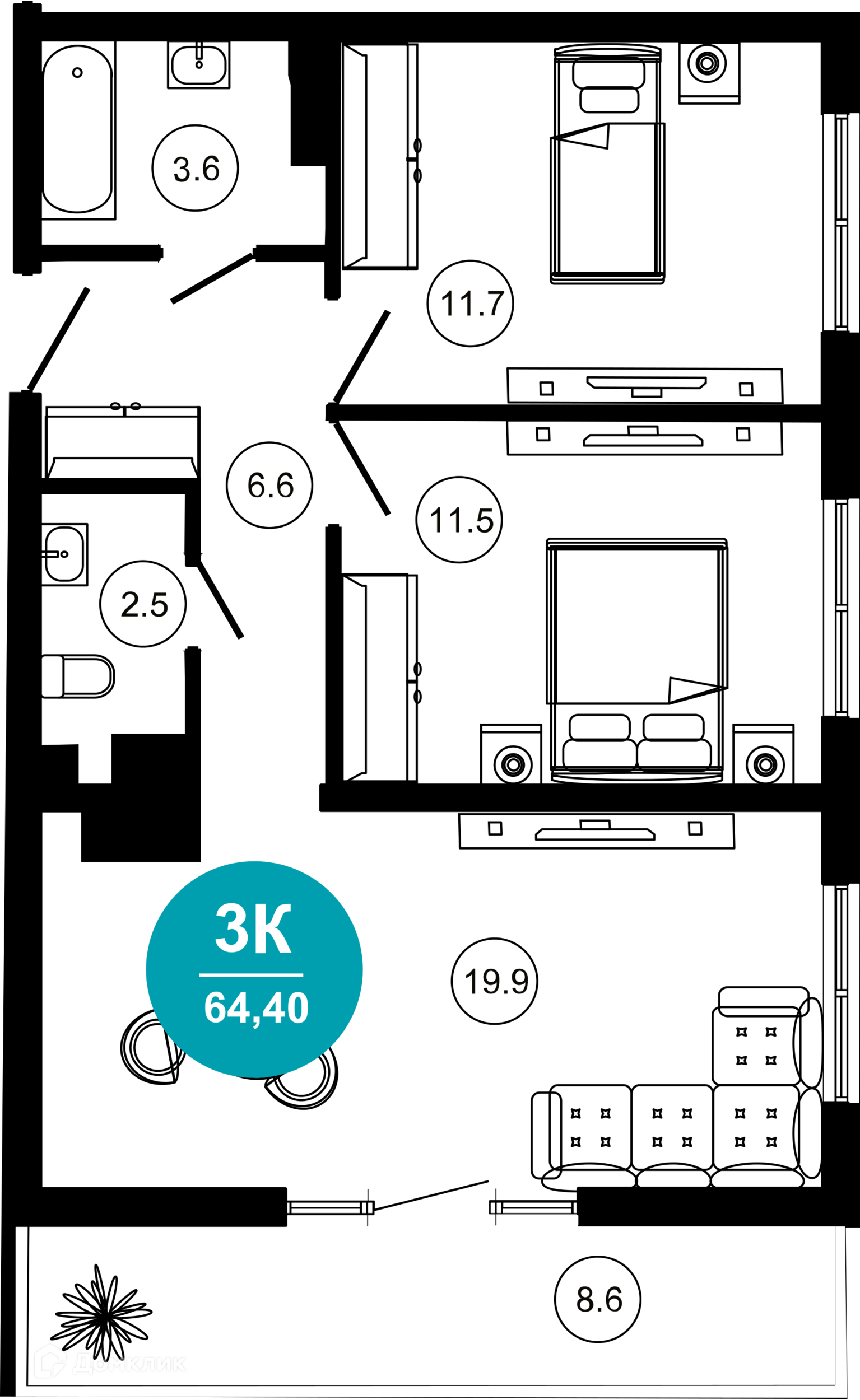 3-комнатная квартира, 64.40 м², 3/10 эт.