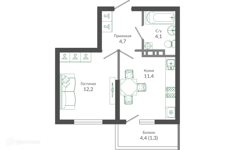 1-комн 33.90 м² - фото 1