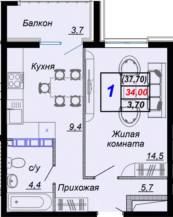 1-комн 37.70 м² - фото 1