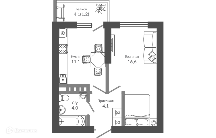1-комн 36.90 м² - фото 1