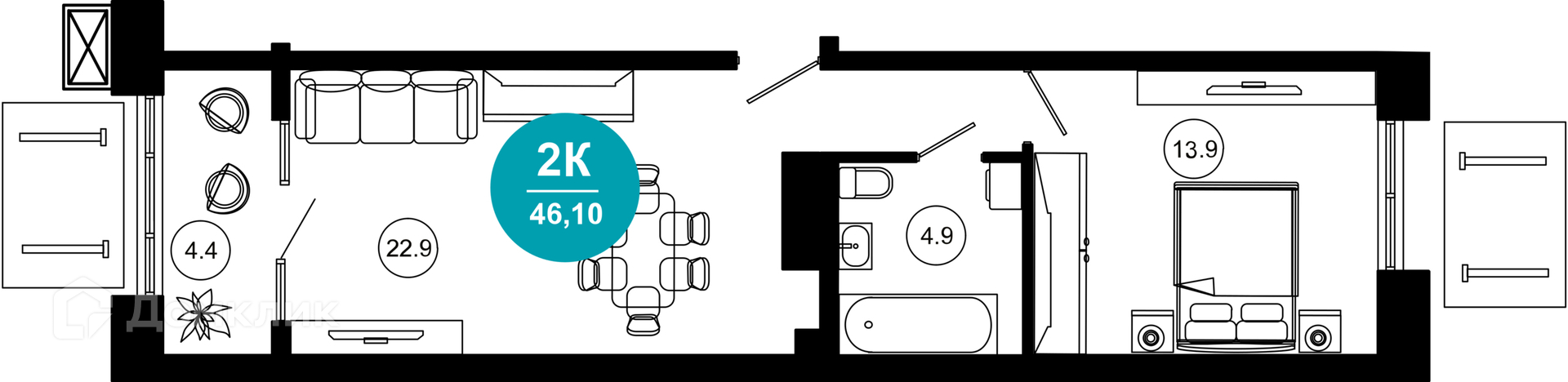 2-комнатная квартира, 46.10 м², 2/10 эт.