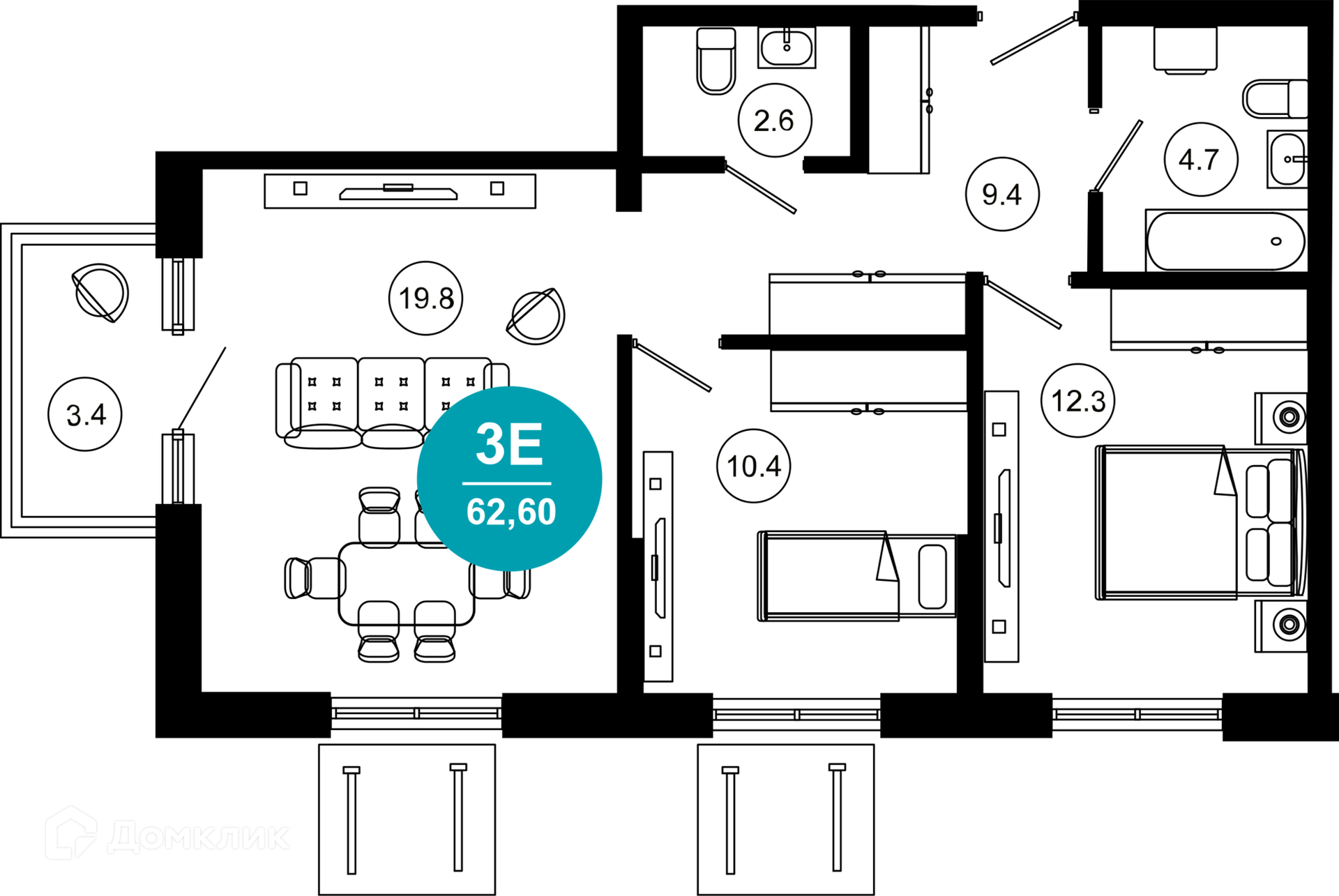 3-комнатная квартира, 62.60 м², 2/10 эт.