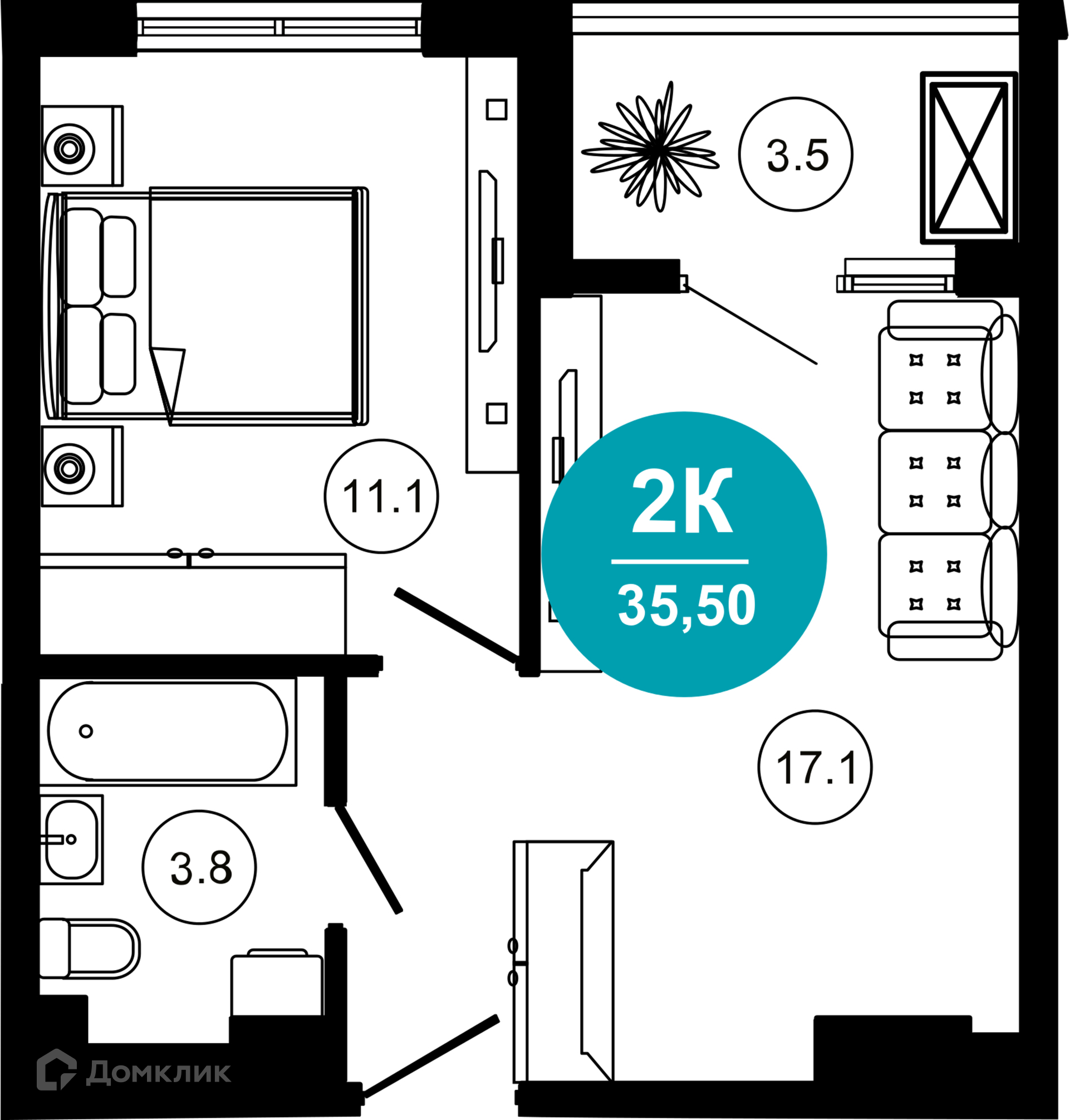 2-комнатная квартира, 35.50 м², 4/10 эт.