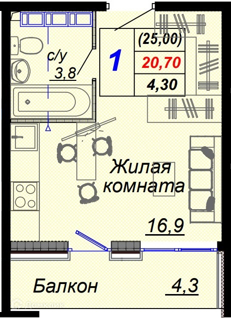 Студия 25.00 м² - фото 1