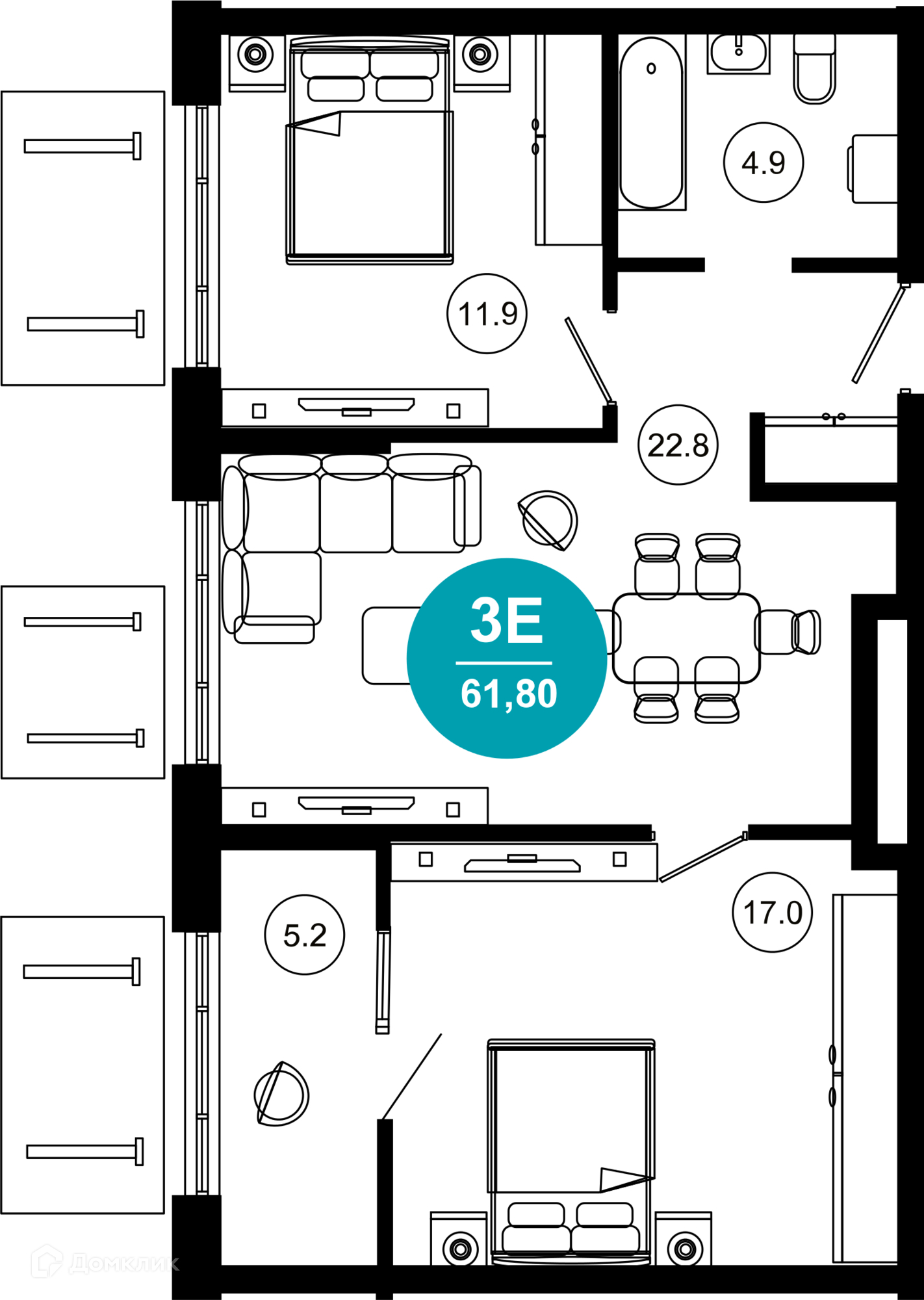 3-комнатная квартира, 61.80 м², 2/10 эт.