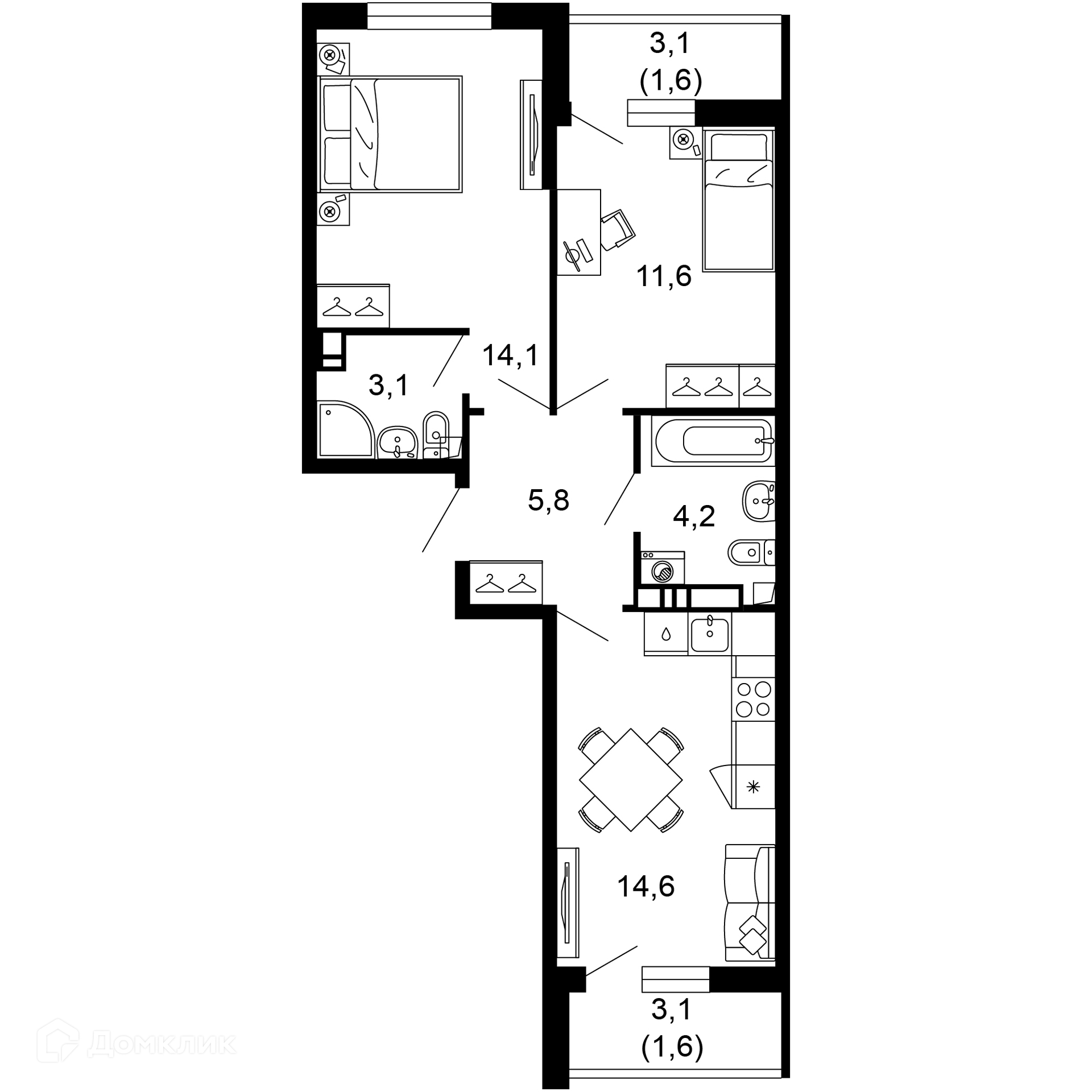 2-комн 56.60 м² - фото 1
