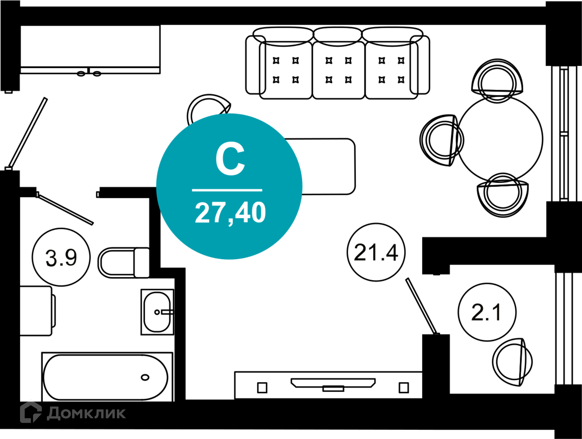 1-комнатная квартира, 27.40 м², 3/10 эт.