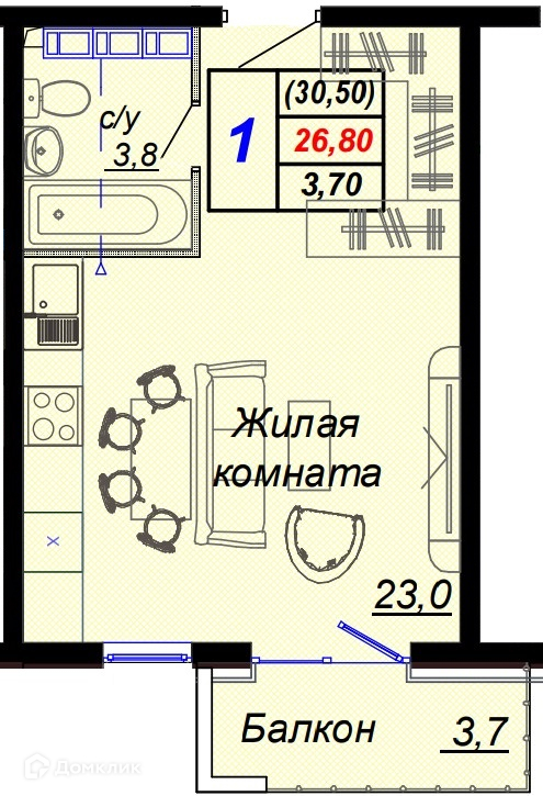 Студия, 30.50 м², 12/16 эт.