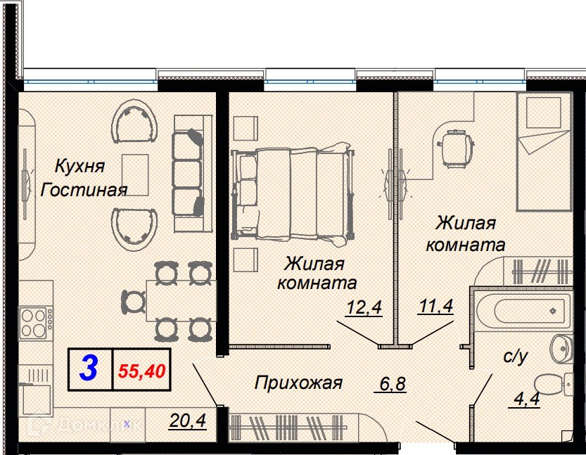 3-комн 55.40 м² - фото 1