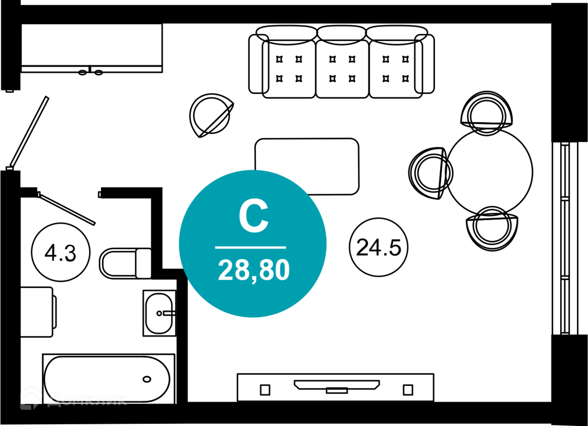 1-комнатная квартира, 28.80 м², 2/10 эт.