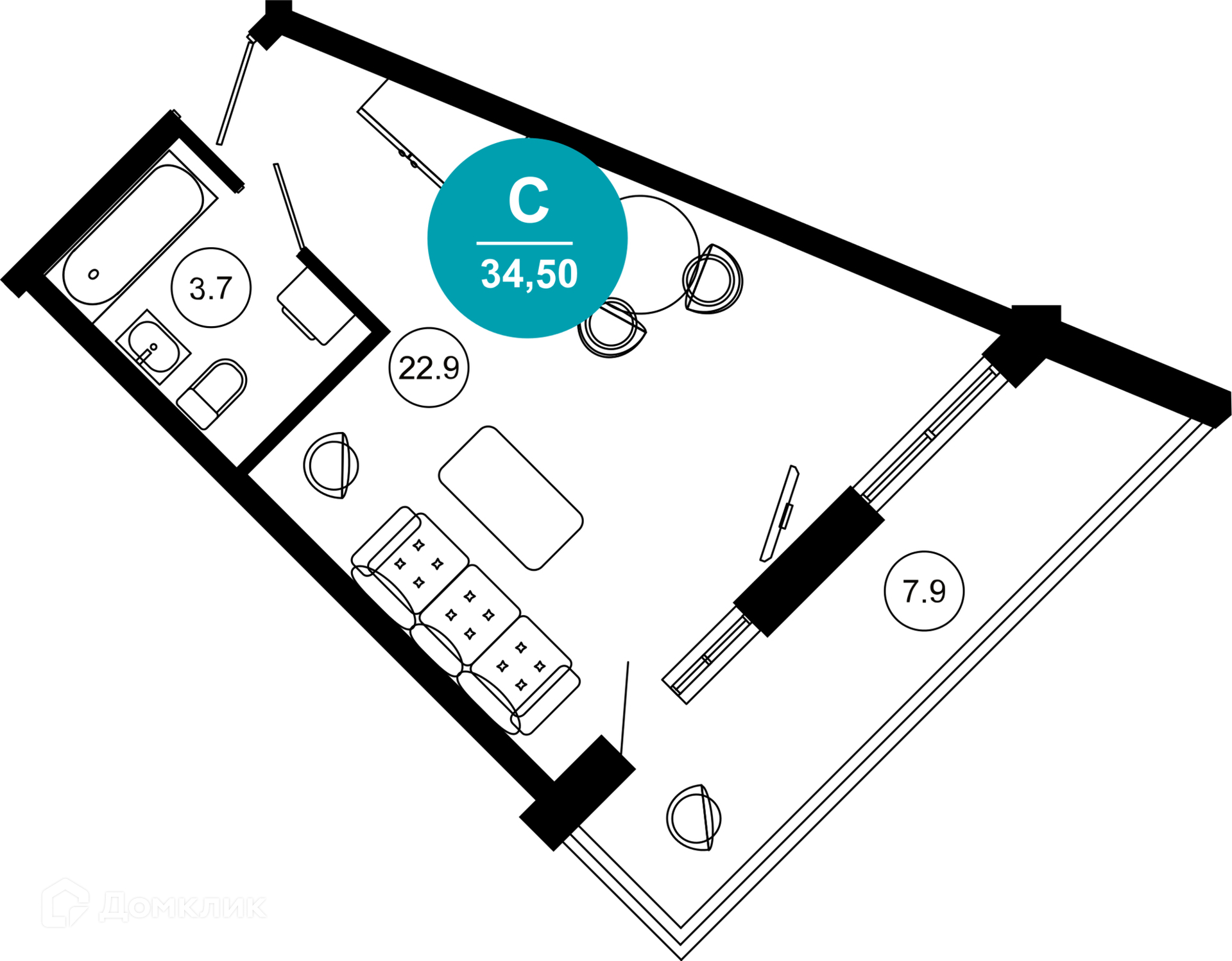 1-комнатная квартира, 34.50 м², 7/10 эт.