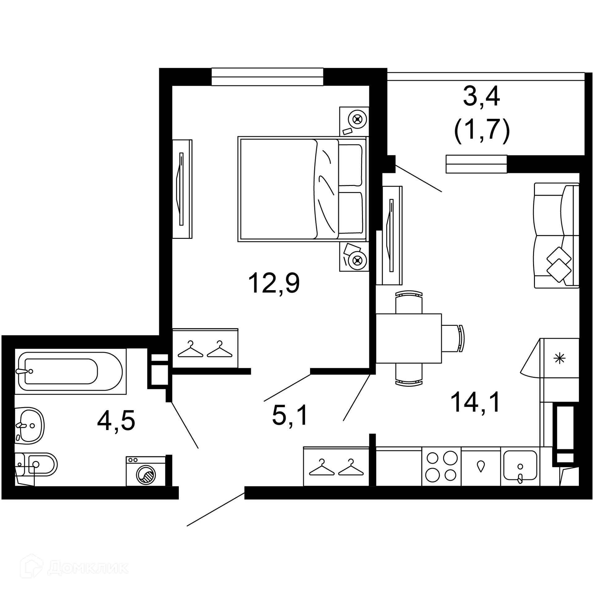 1-комнатная квартира, 38.30 м², 3/17 эт.
