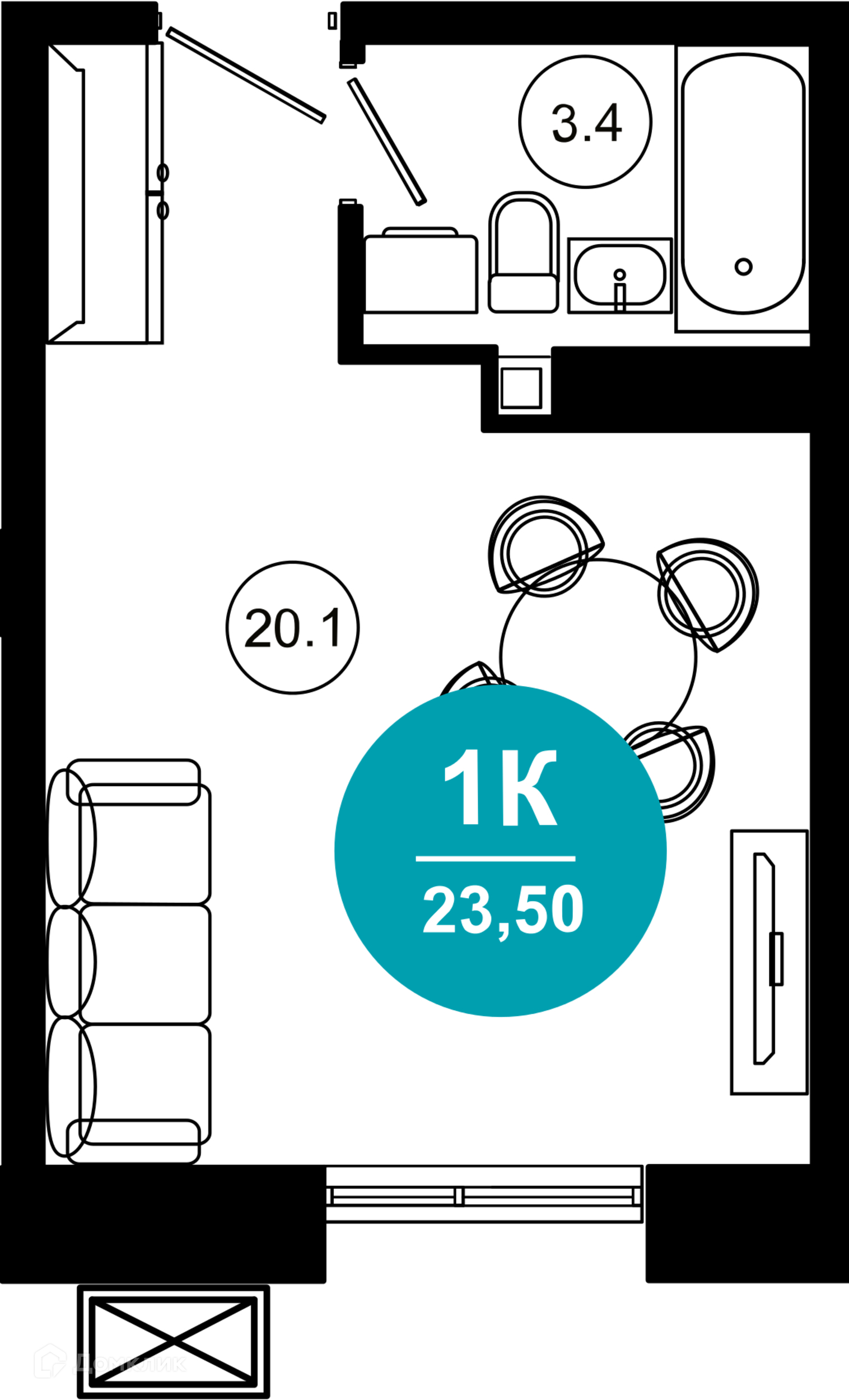 1-комнатная квартира, 23.50 м², 2/10 эт.