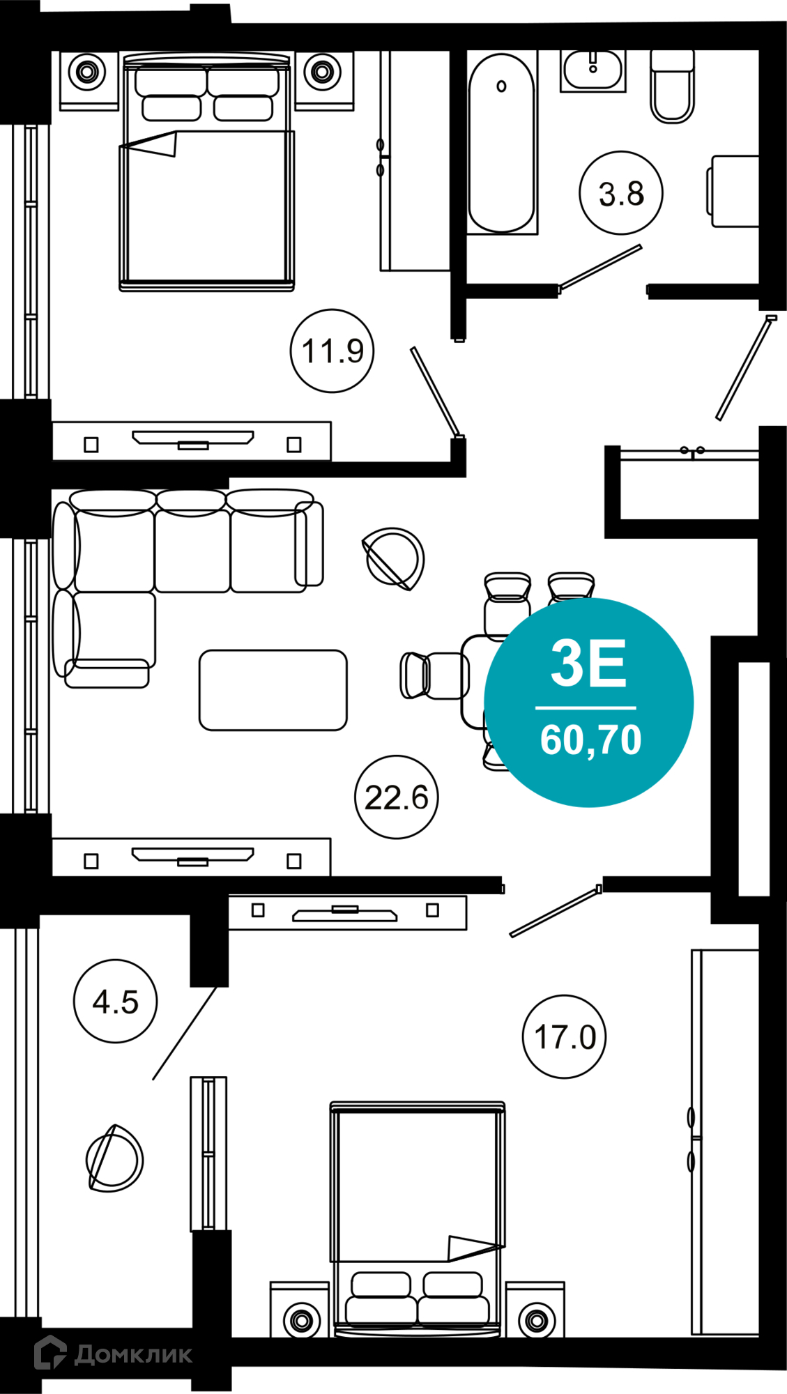 3-комнатная квартира, 60.70 м², 3/10 эт.