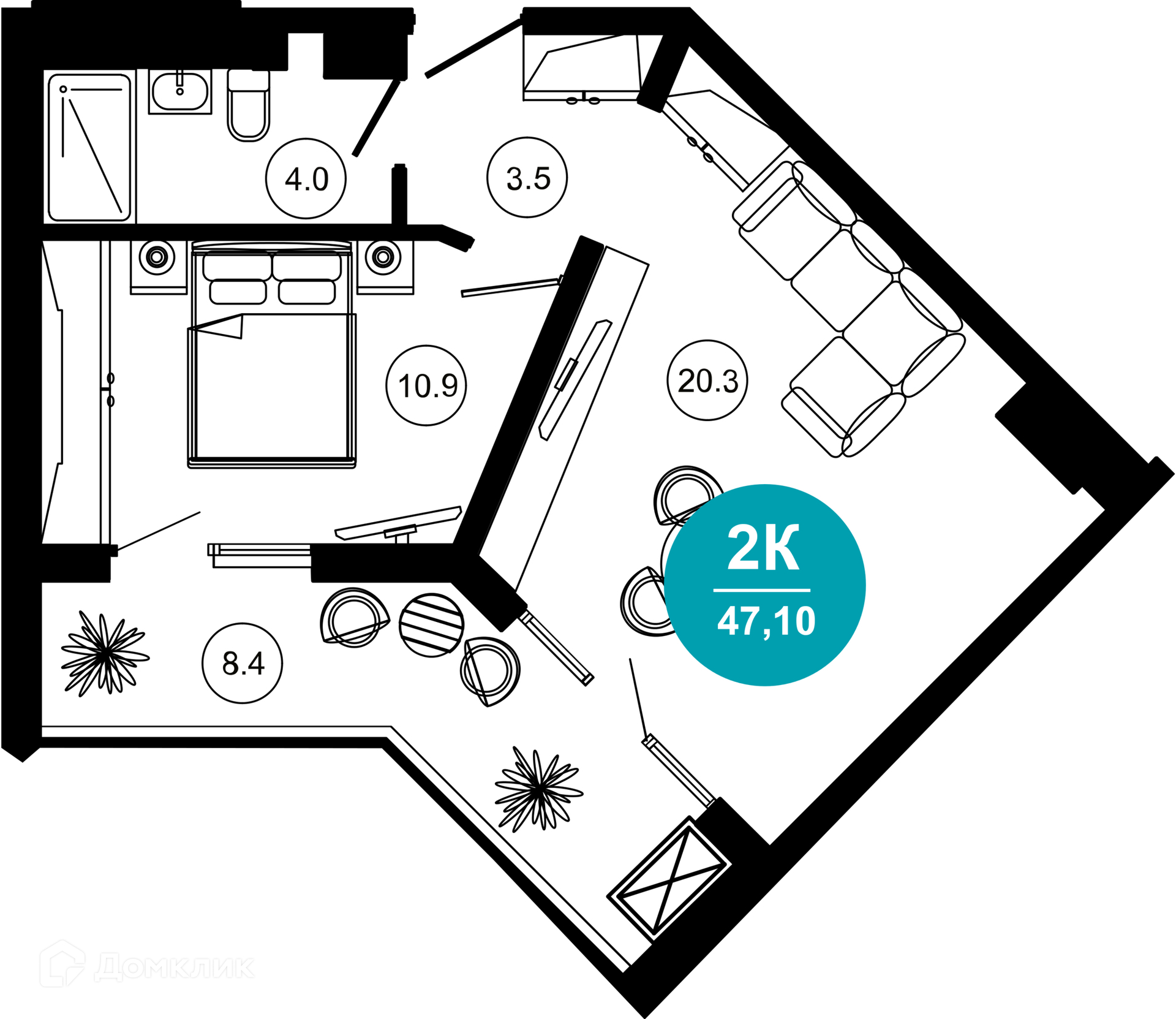 2-комнатная квартира, 47.10 м², 3/10 эт.