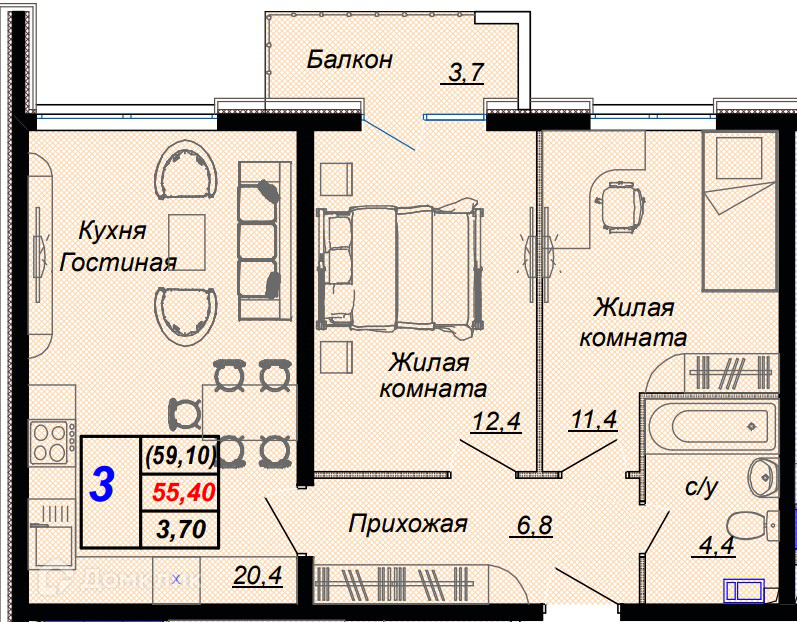 3-комн 59.10 м² - фото 1