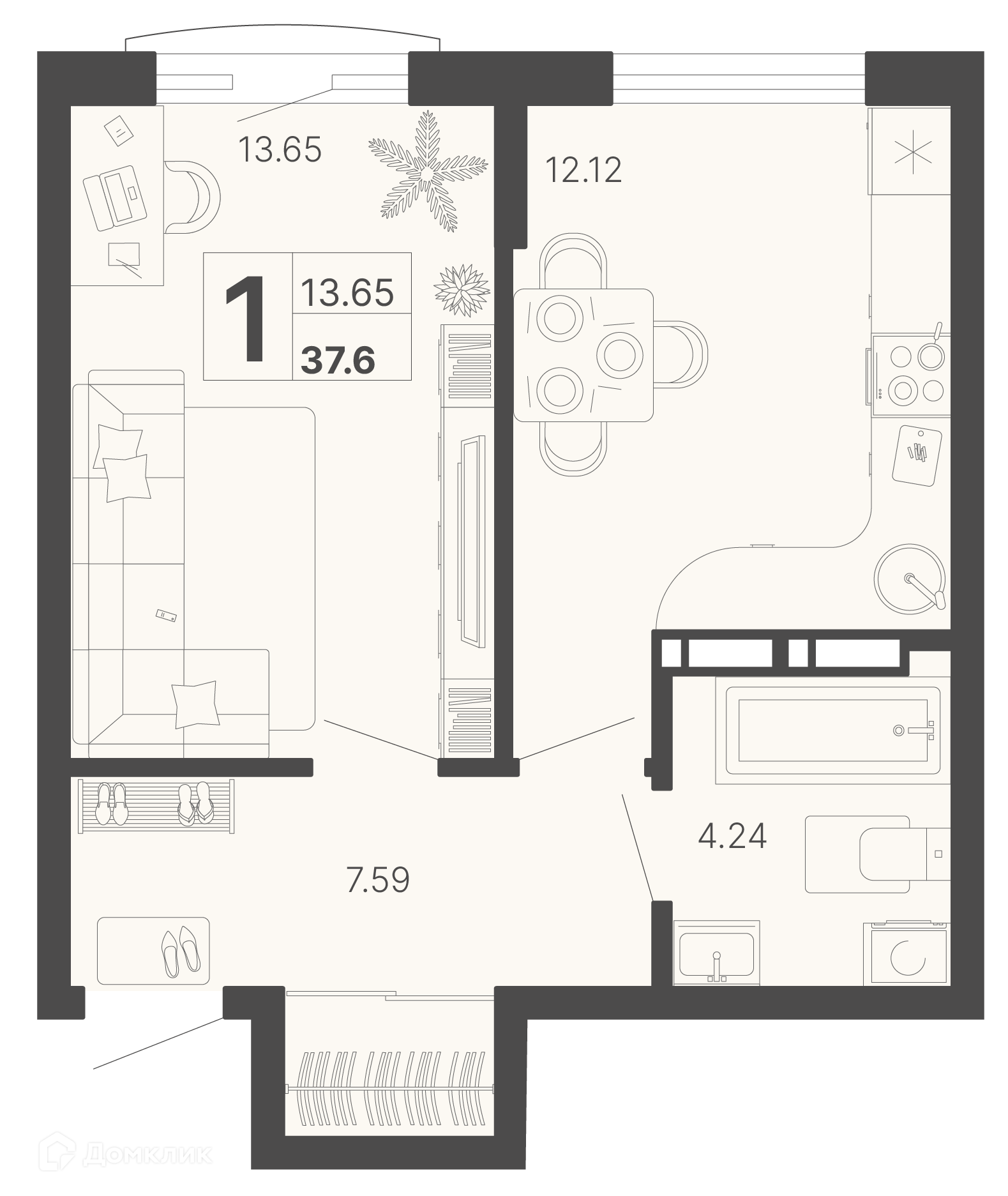 1-комн 37.60 м² - фото 1