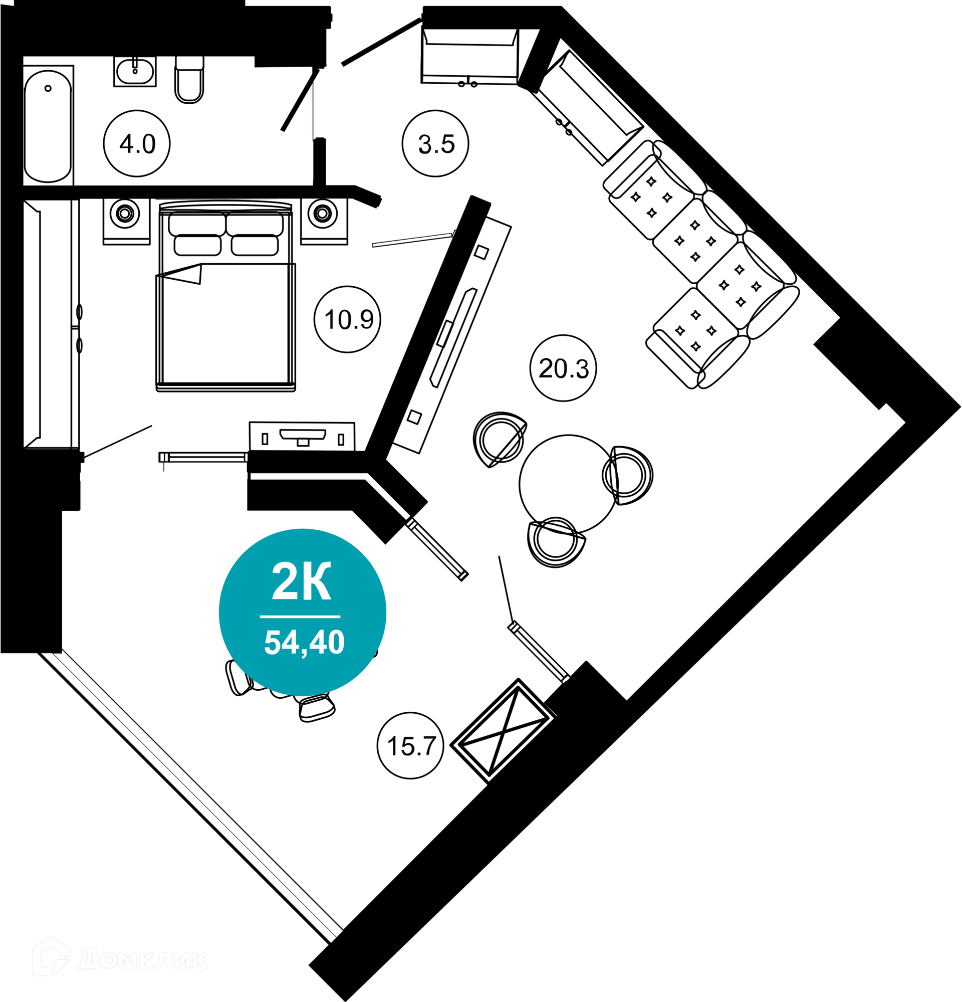 2-комн 54.40 м² - фото 1
