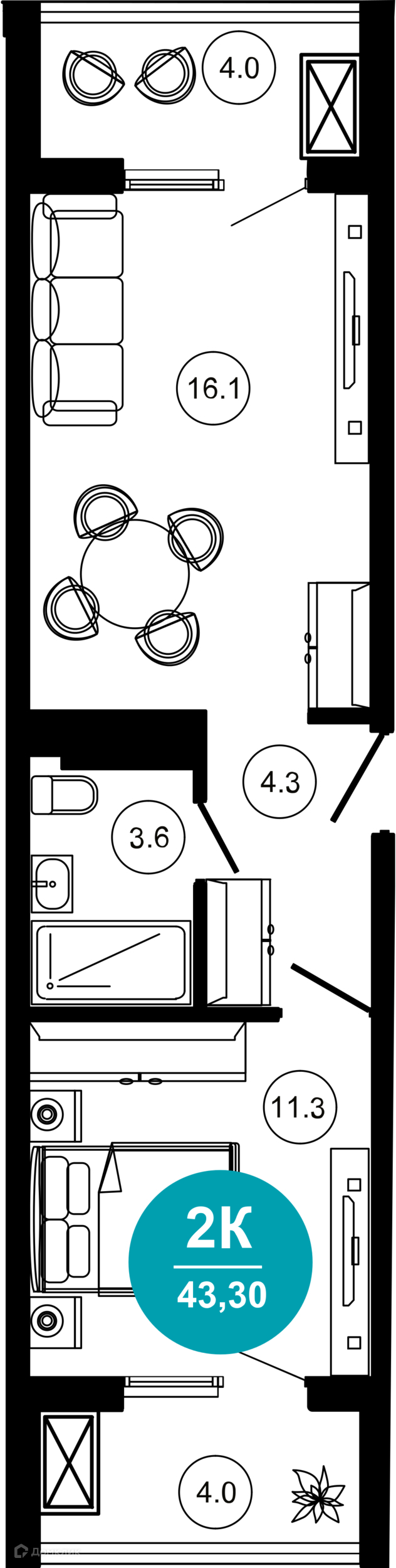 2-комнатная квартира, 43.30 м², 3/10 эт.