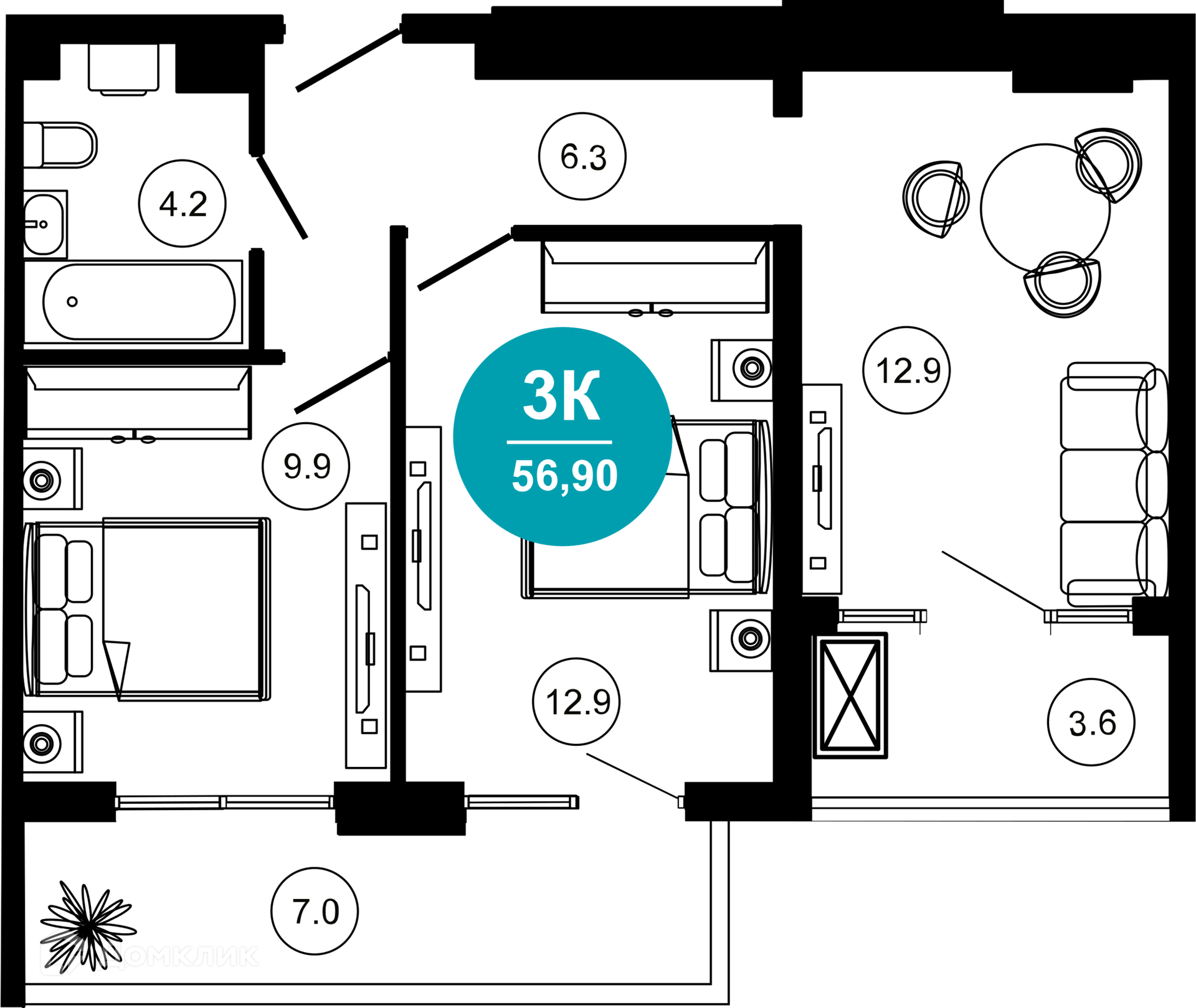 3-комнатная квартира, 56.90 м², 8/10 эт.