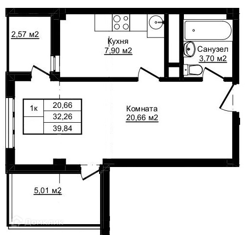 1-комнатная квартира, 39.83 м², 12/12 эт.