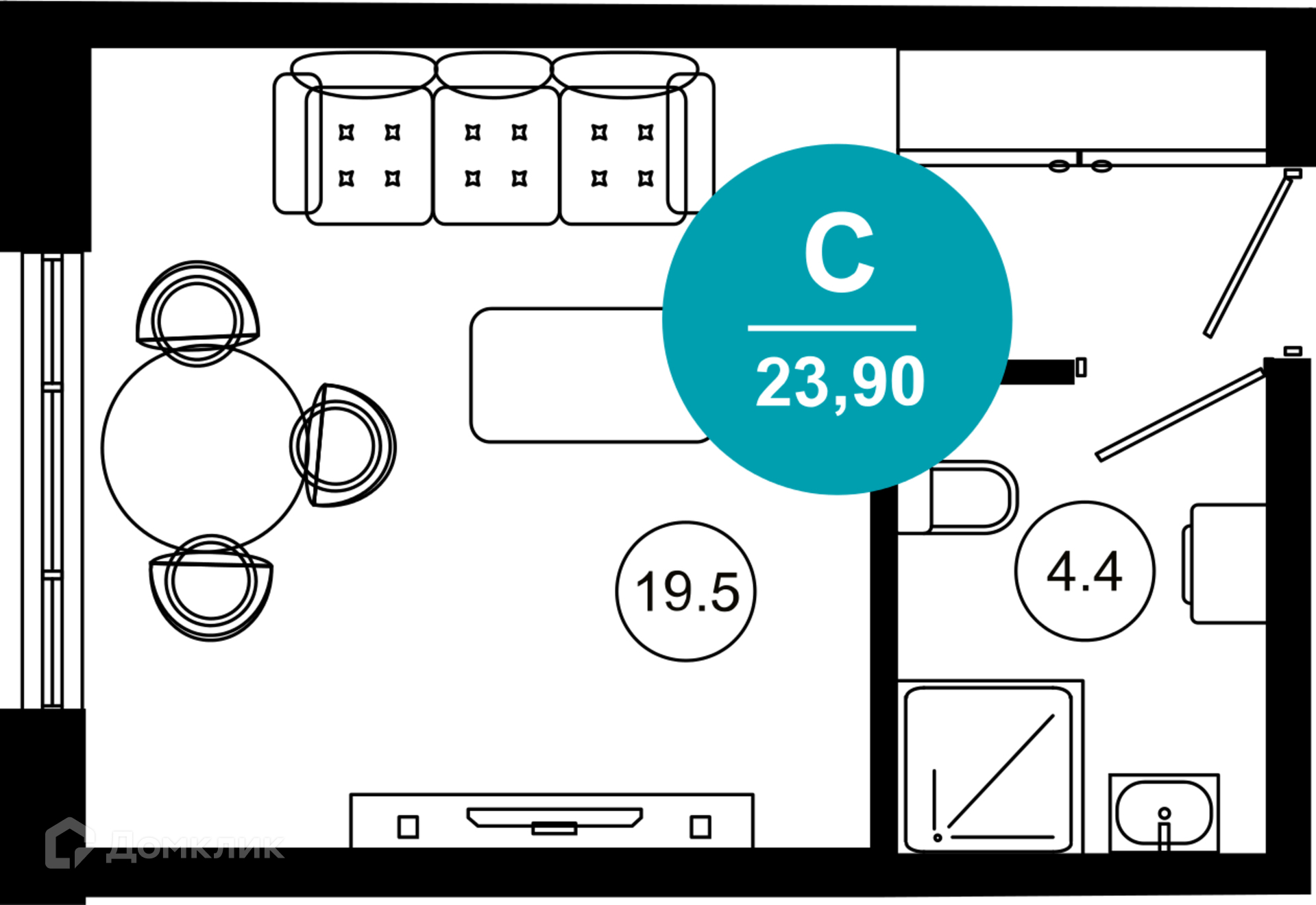 1-комнатная квартира, 23.90 м², 2/10 эт.