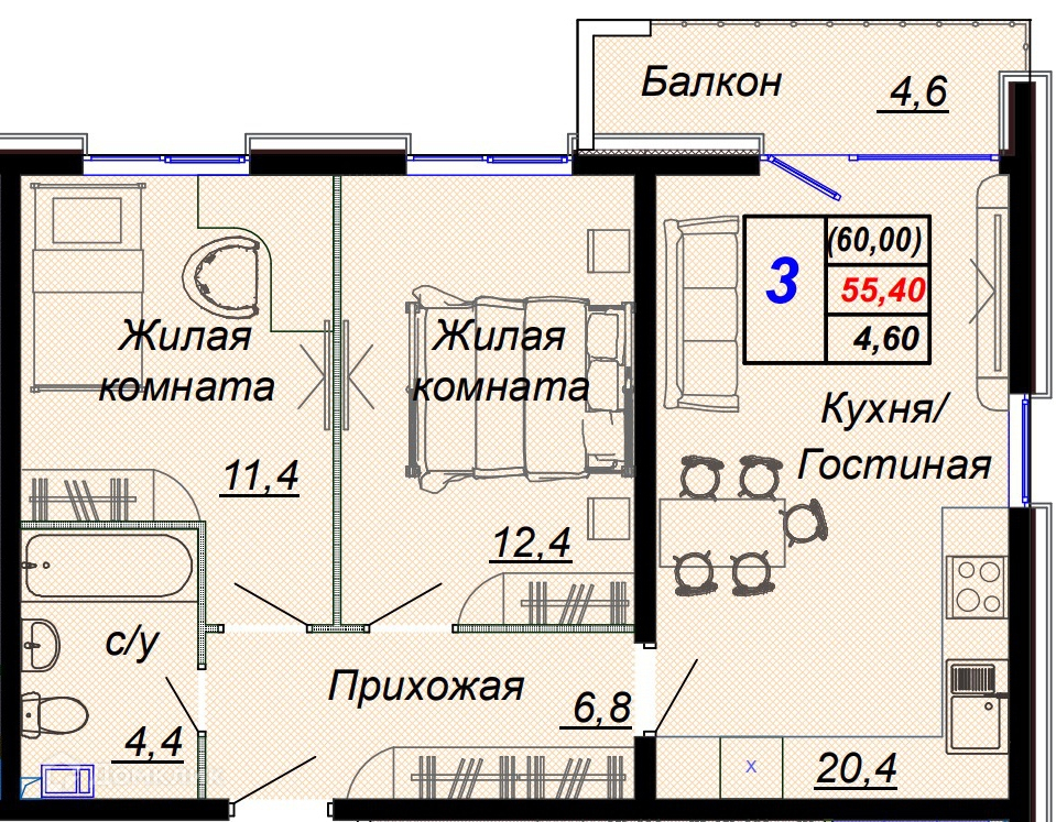 3-комн 60.00 м² - фото 1