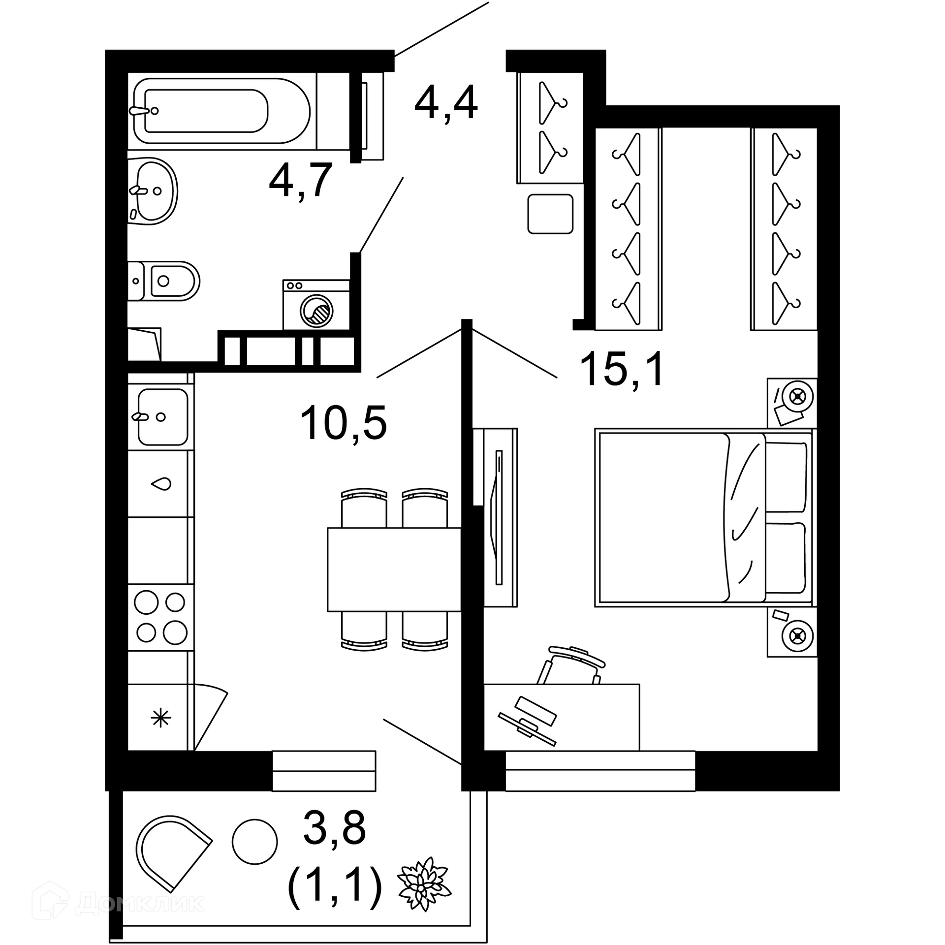 1-комнатная квартира, 33.80 м², 2/12 эт.