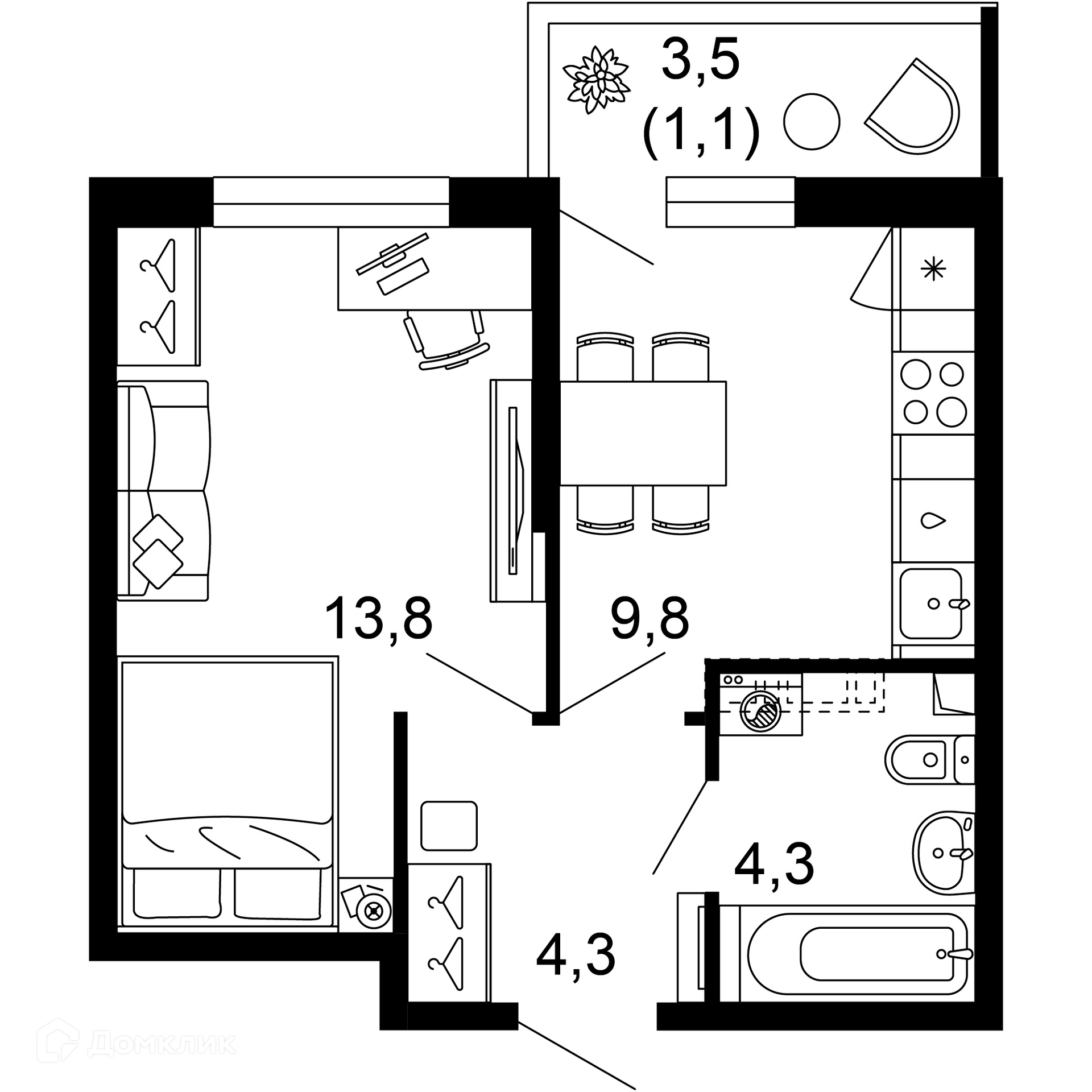 1-комн 33.30 м² - фото 1