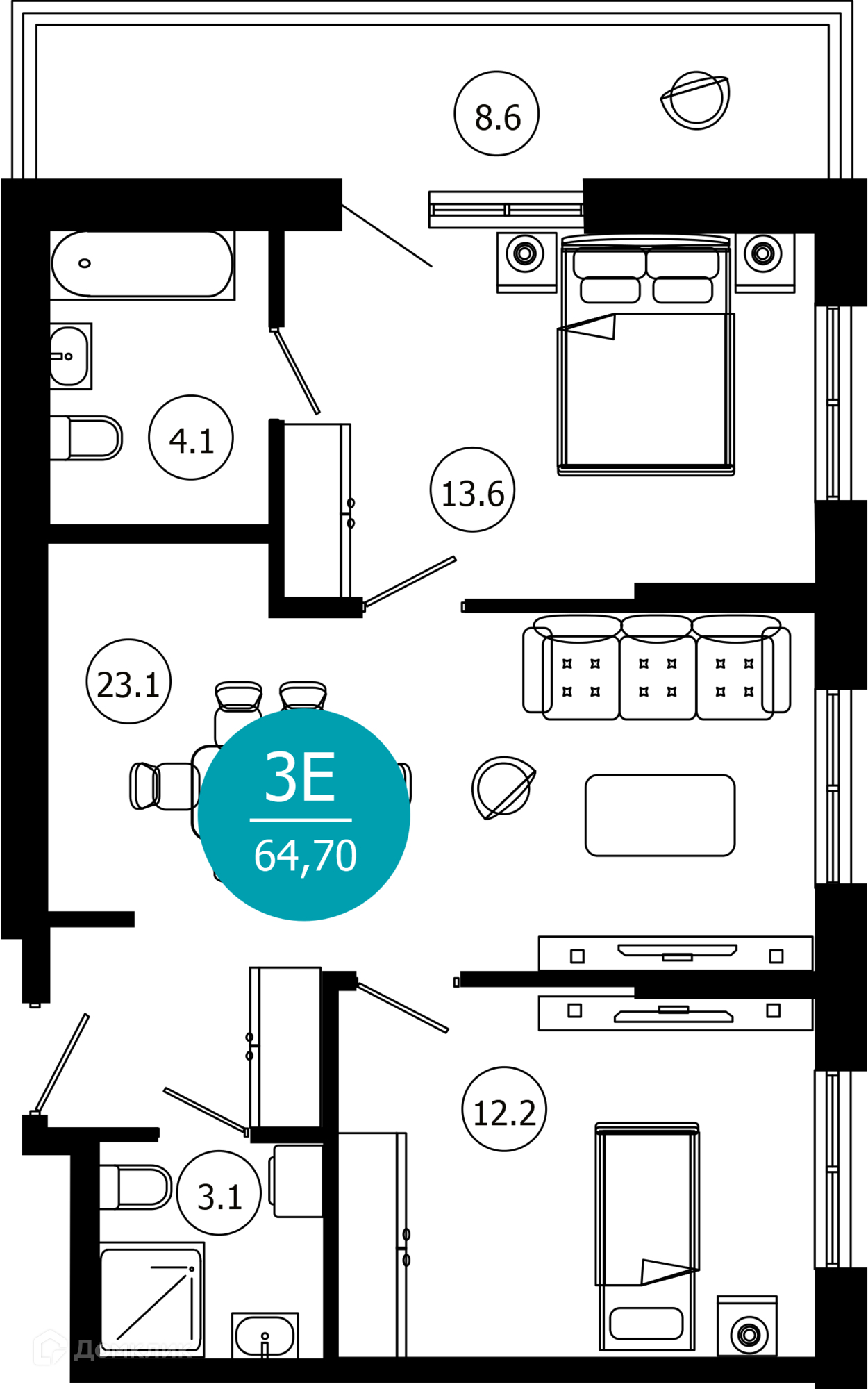 3-комнатная квартира, 64.70 м², 4/10 эт.