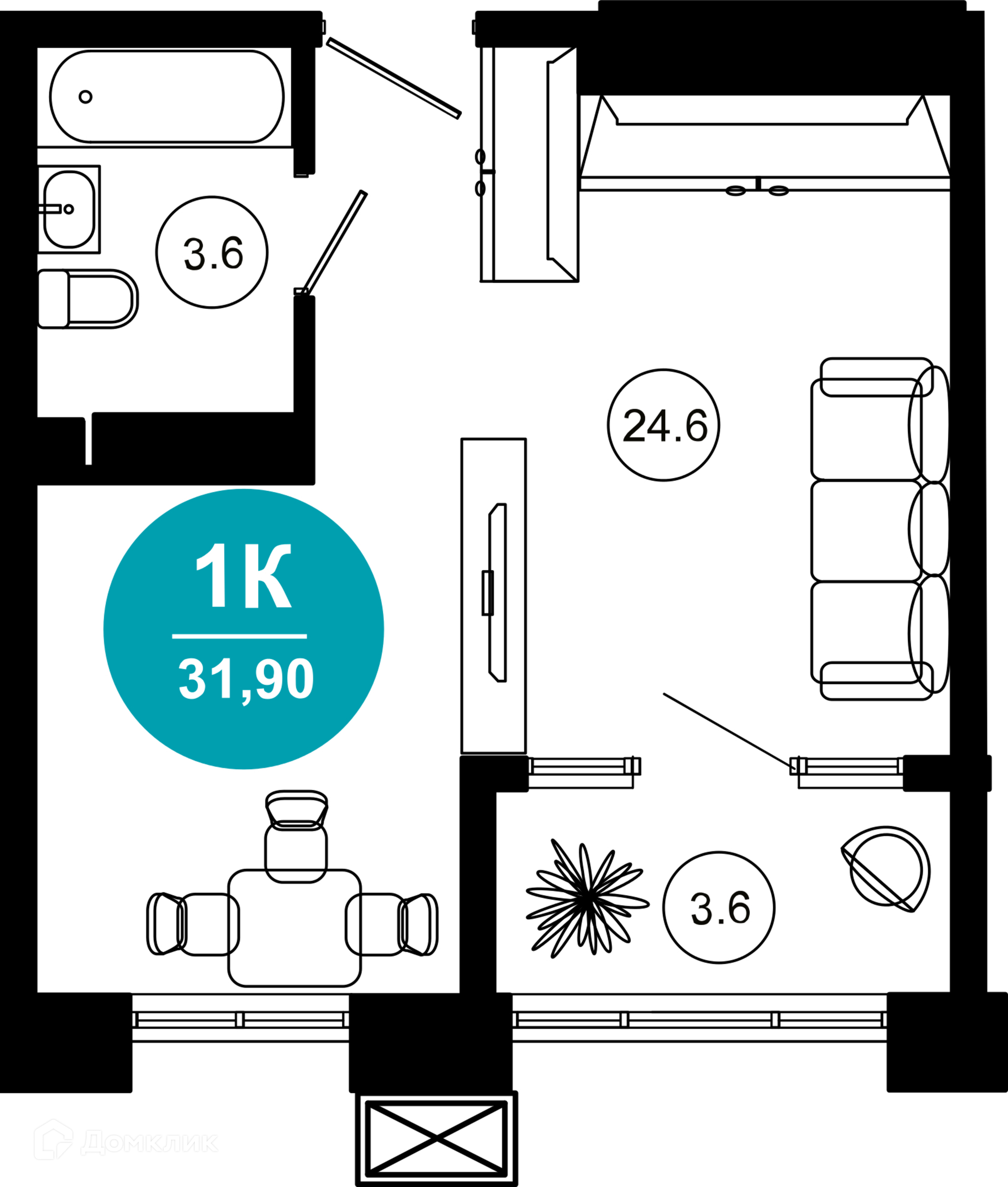 1-комнатная квартира, 31.90 м², 2/10 эт.