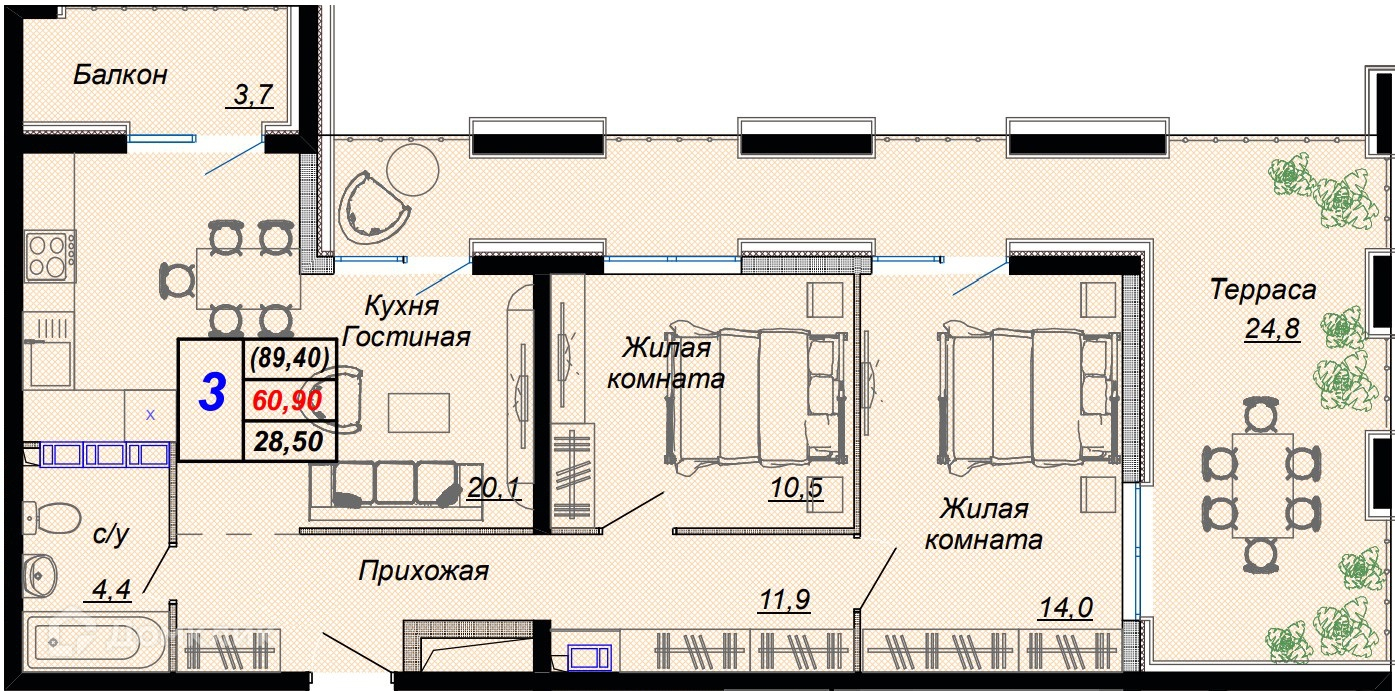 3-комн 89.40 м² - фото 1