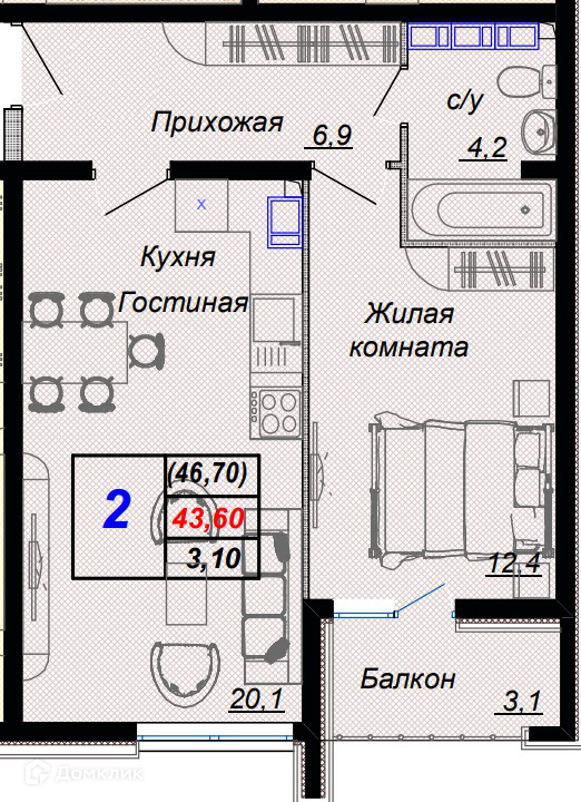 2-комн 46.70 м² - фото 1