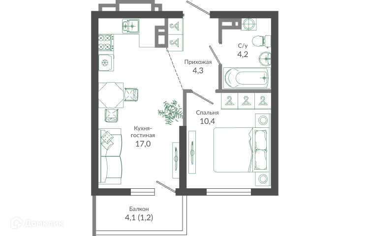 1-комнатная квартира, 37.10 м², 4/12 эт.