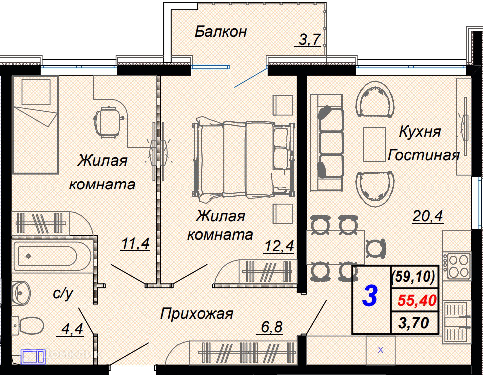 3-комн 59.10 м² - фото 1