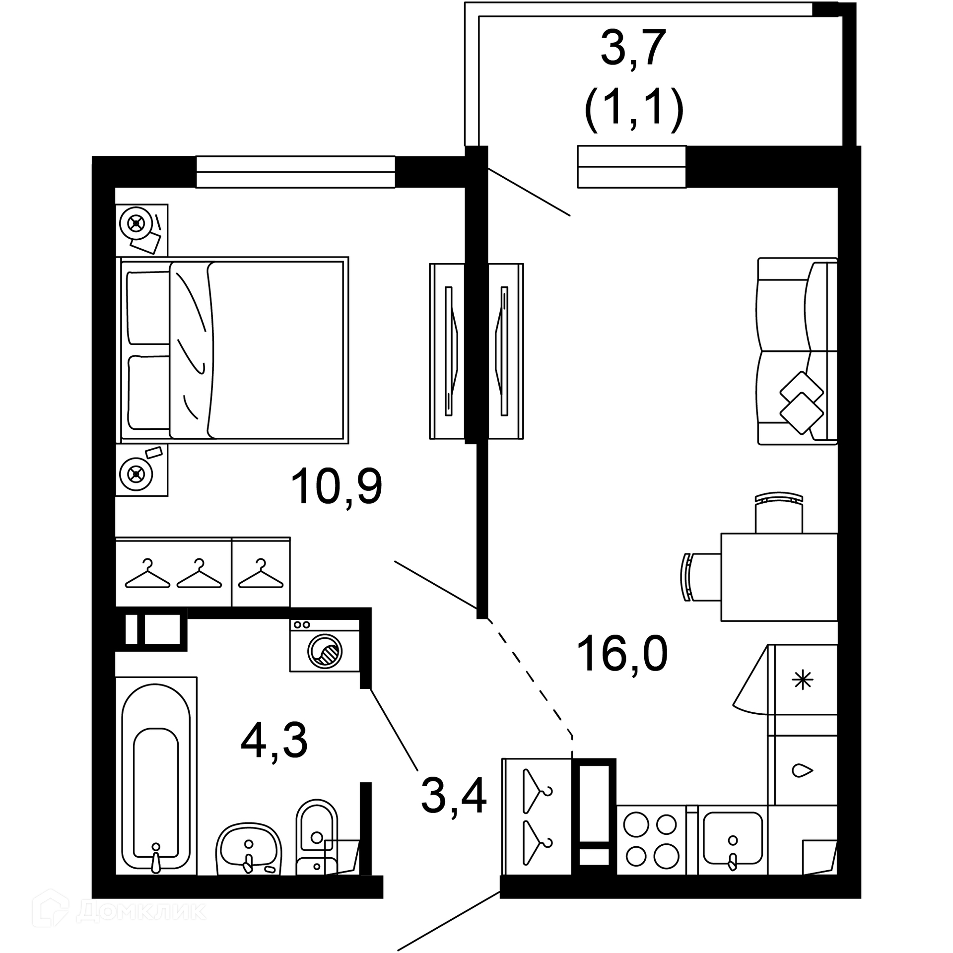 1-комнатная квартира, 35.70 м², 3/17 эт.